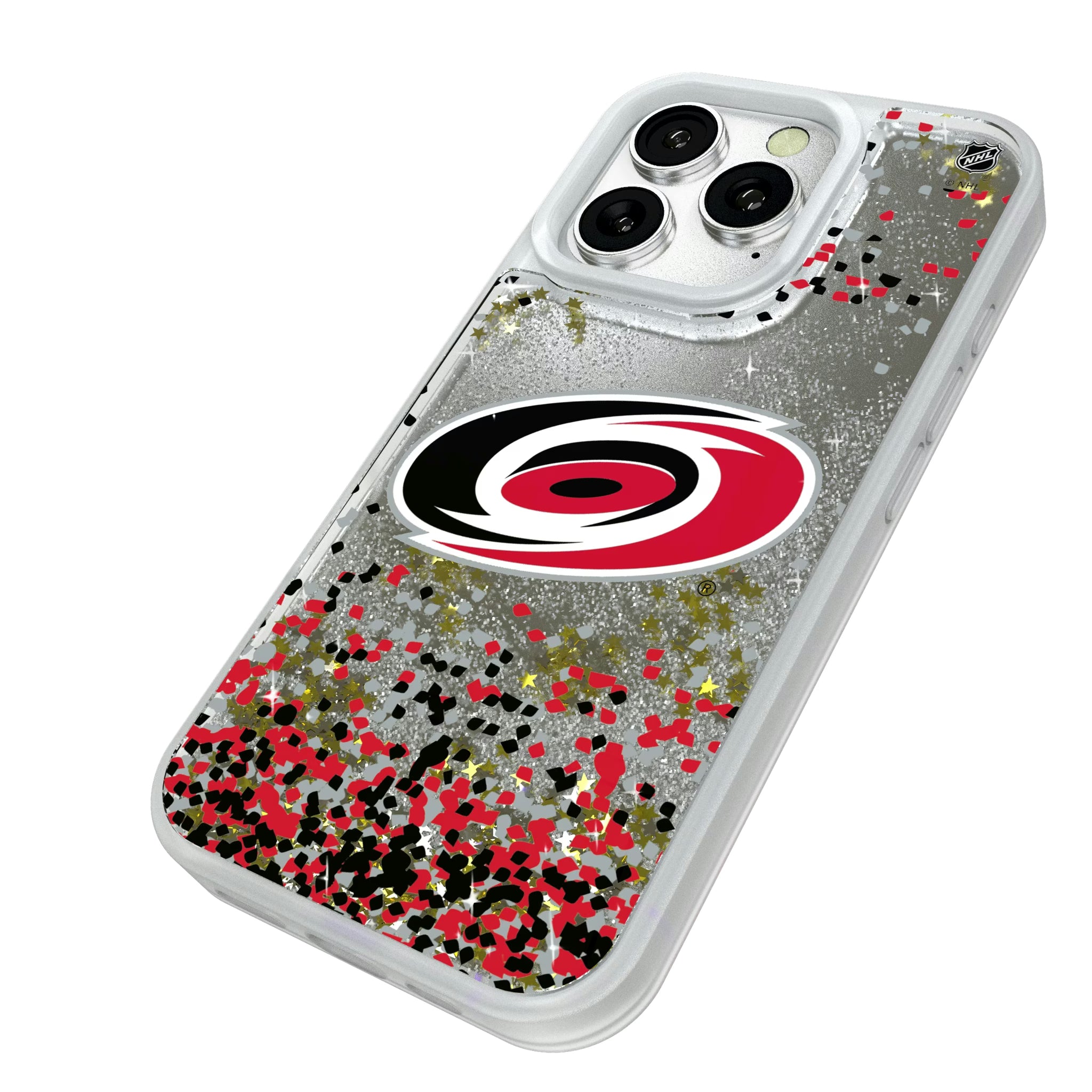 Carolina Hurricanes Confetti iPhone Glitter Phone Case for Apple iPhone - Isometric View#Device_iPhone 16 Pro
