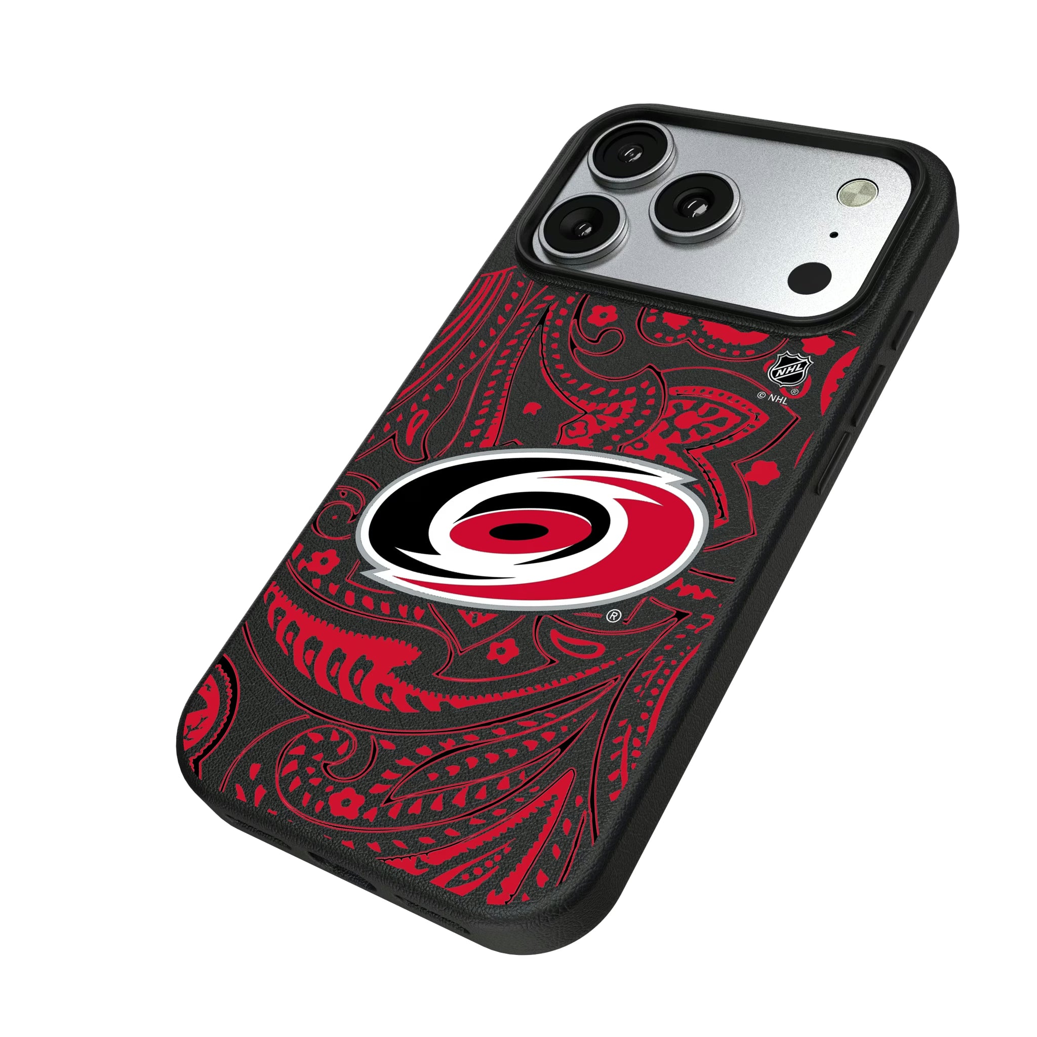 Carolina Hurricanes Paisley iPhone MagSafe Compatible Phone Case for Apple iPhone - Isometric View#Device_iPhone 17 Pro
