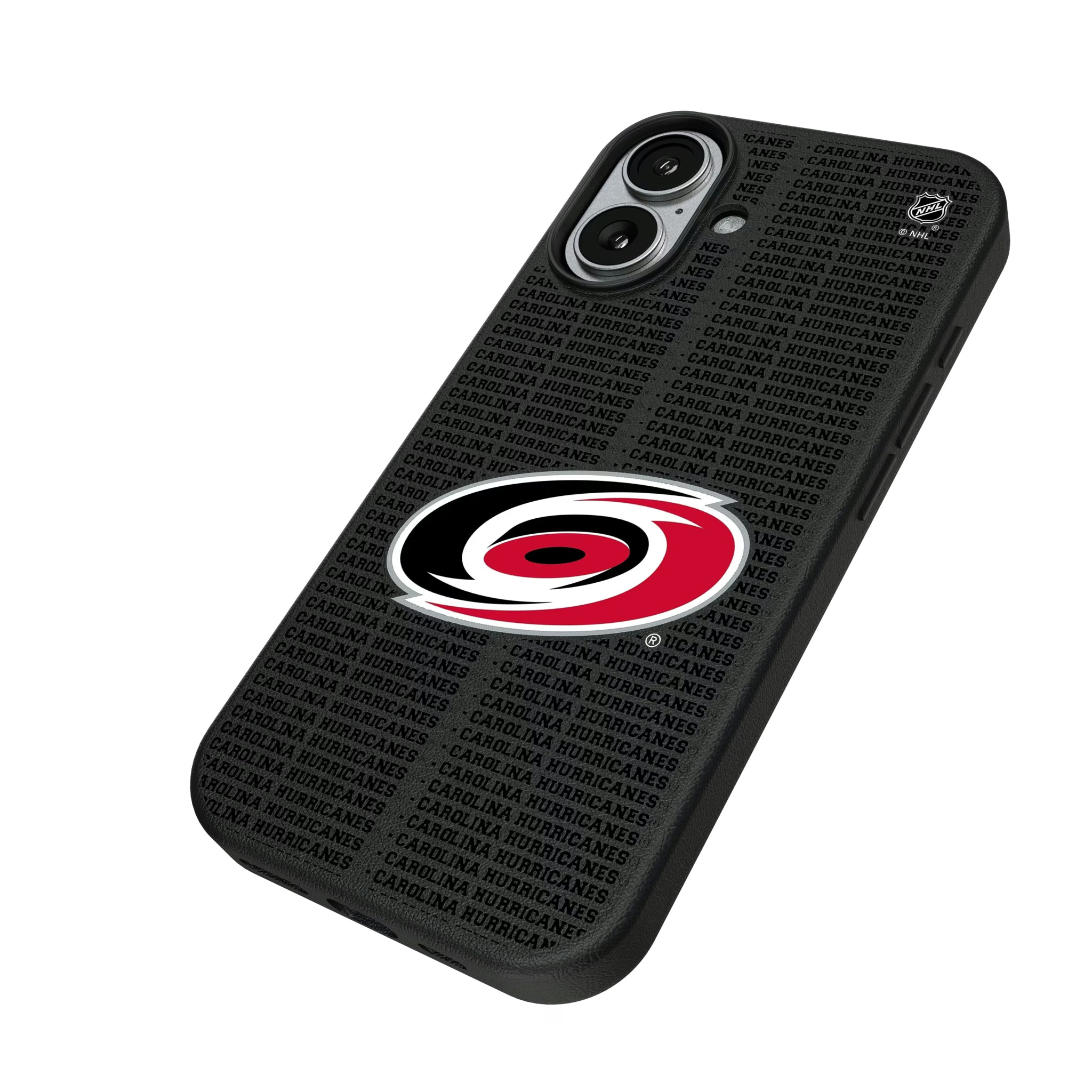 Carolina Hurricanes Text Backdrop iPhone MagSafe Compatible Phone Case for Apple iPhone - Isometric View#Device_iPhone 17