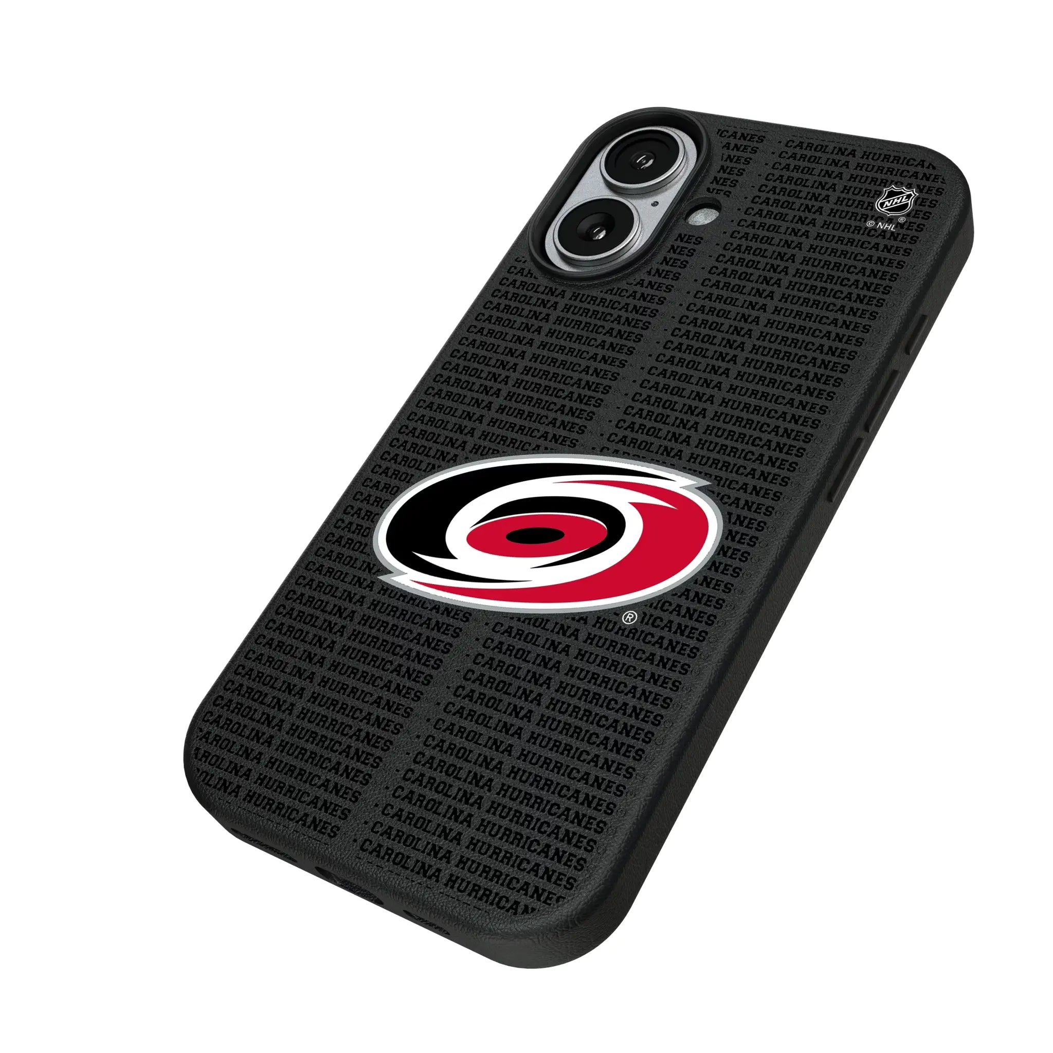 Carolina Hurricanes Text Backdrop iPhone MagSafe Compatible Phone Case for Apple iPhone - Isometric View#Device_iPhone 17