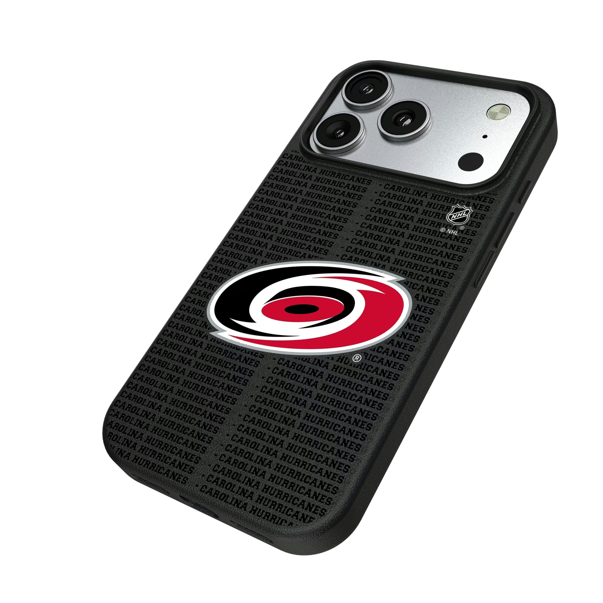 Carolina Hurricanes Text Backdrop iPhone MagSafe Compatible Phone Case for Apple iPhone - Isometric View#Device_iPhone 17 Pro