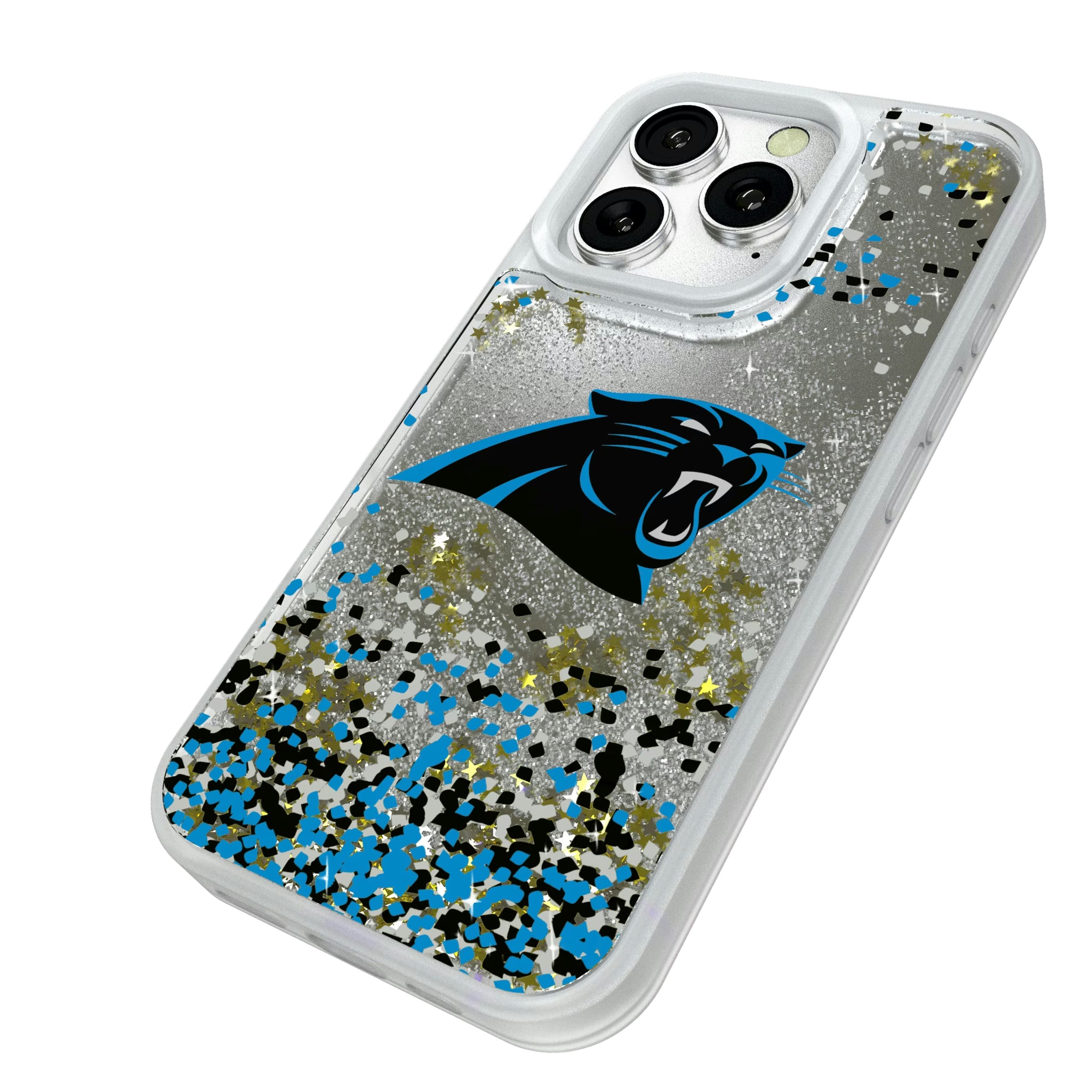 Carolina Panthers Confetti iPhone Glitter Phone Case for Apple iPhone - Isometric View#Device_iPhone 16 Pro