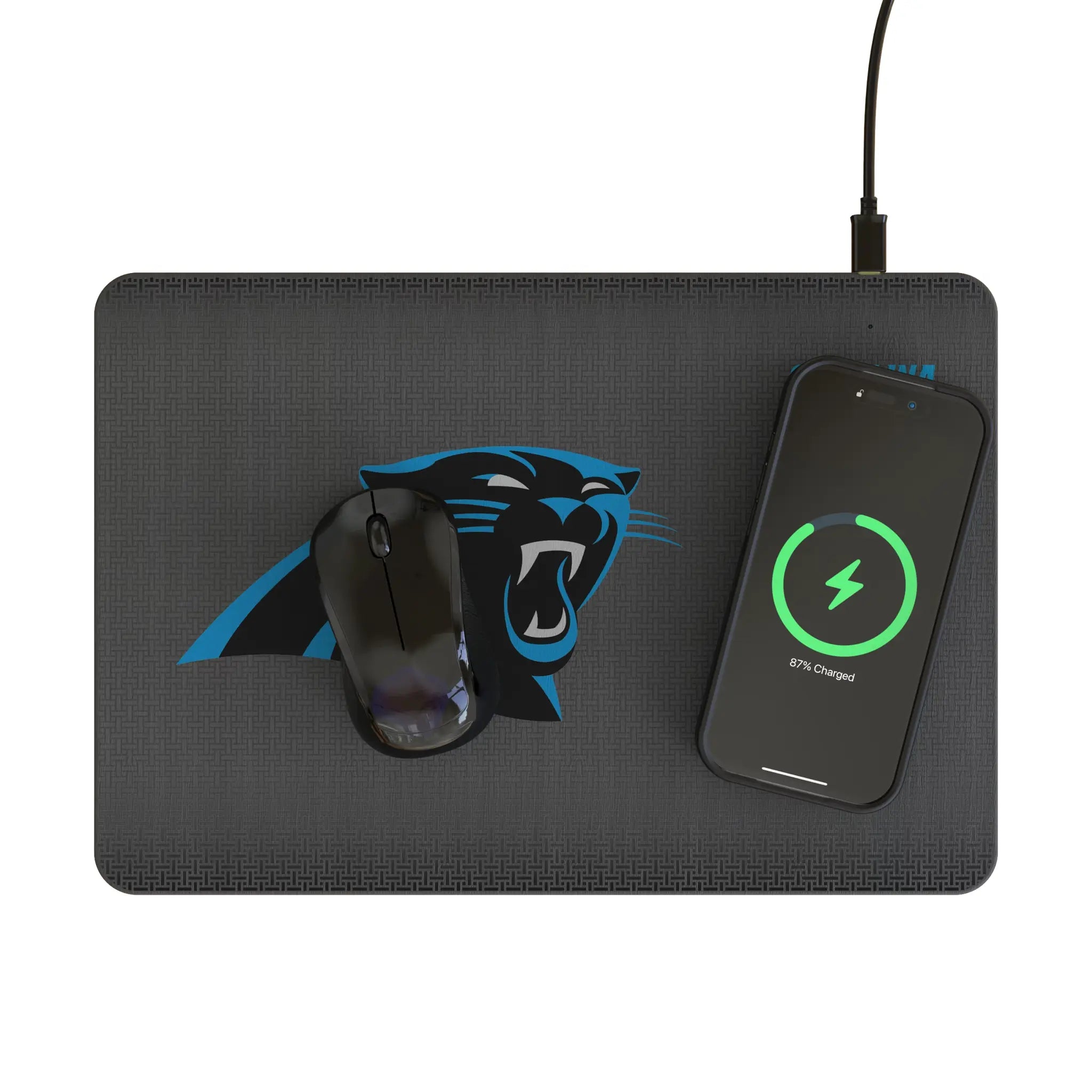 Carolina Panthers Linen 15-Watt Wireless Charger and Mouse Pad - Lifestyle