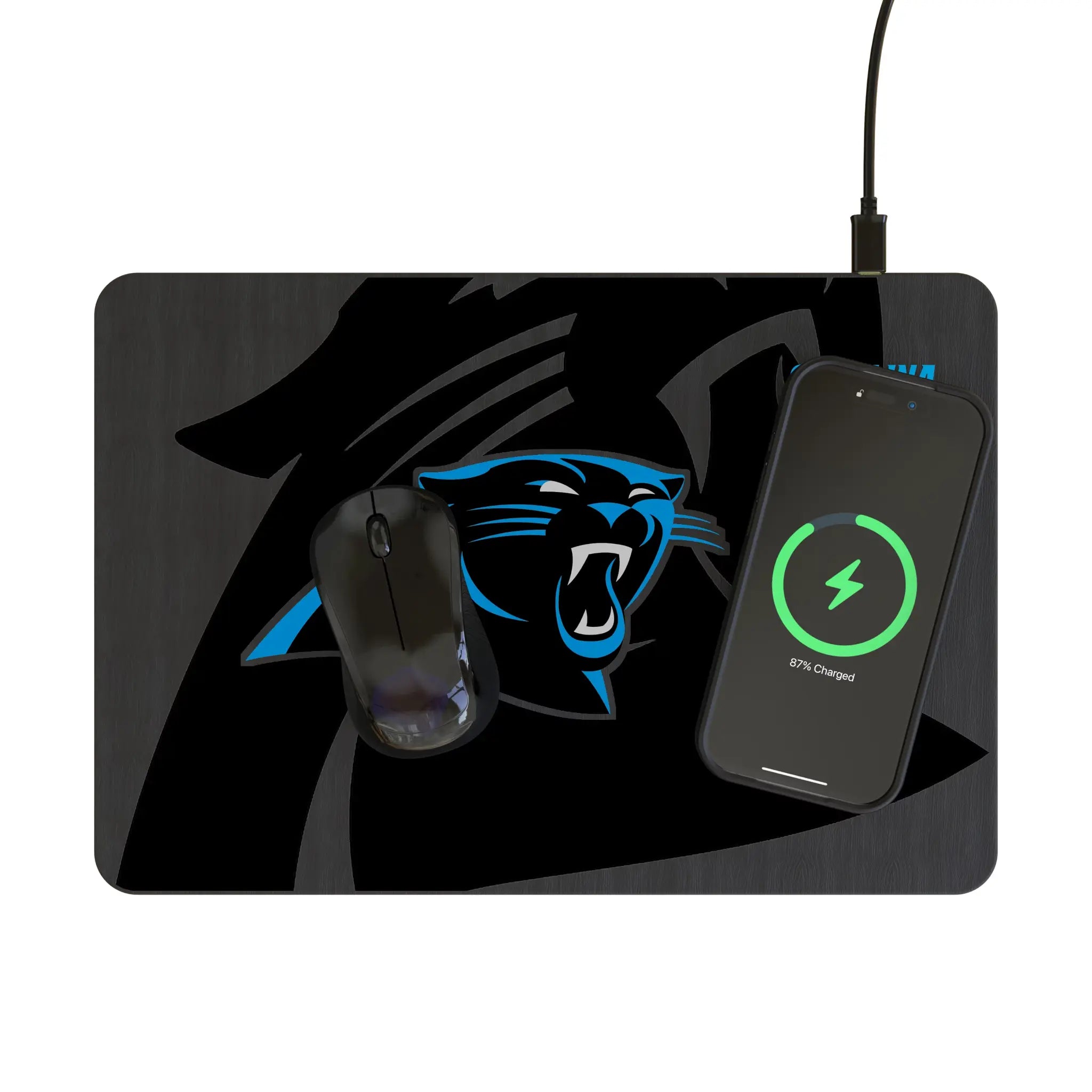 Carolina Panthers Monocolor Tilt 15-Watt Wireless Charger and Mouse Pad - Lifestyle