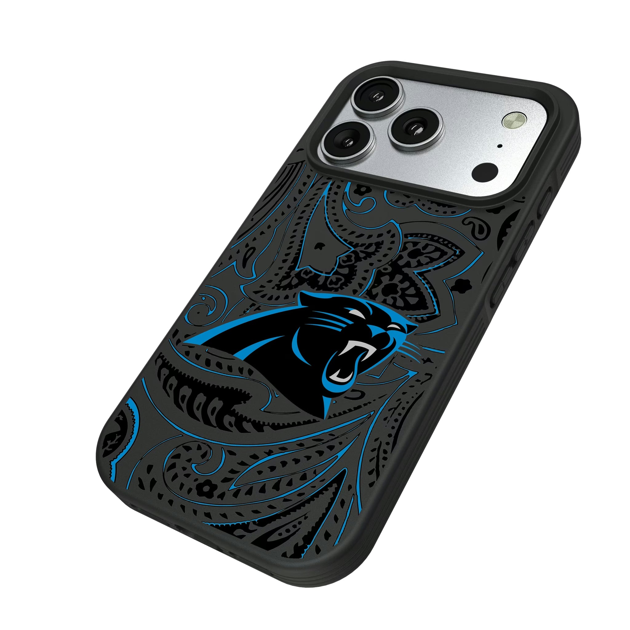 Carolina Panthers Paisley iPhone Bump Phone Case for Apple iPhone - Isometric View#Device_iPhone 17 Pro