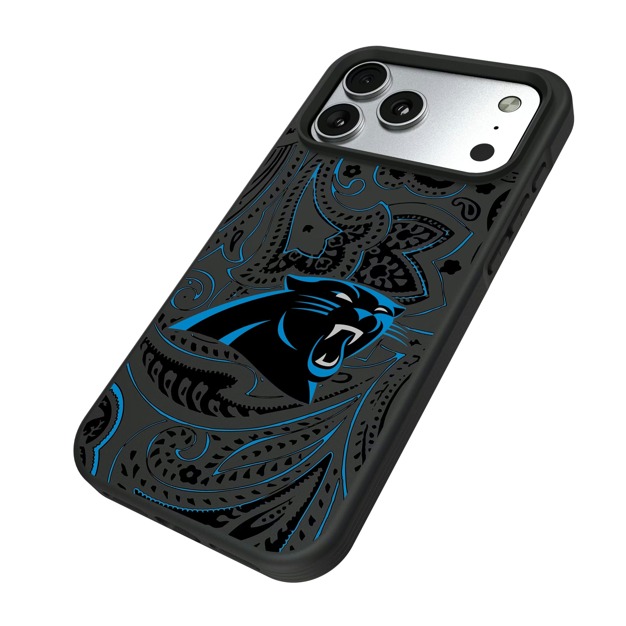 Carolina Panthers Paisley iPhone Bump Phone Case for Apple iPhone - Isometric View#Device_iPhone 17 Pro Max