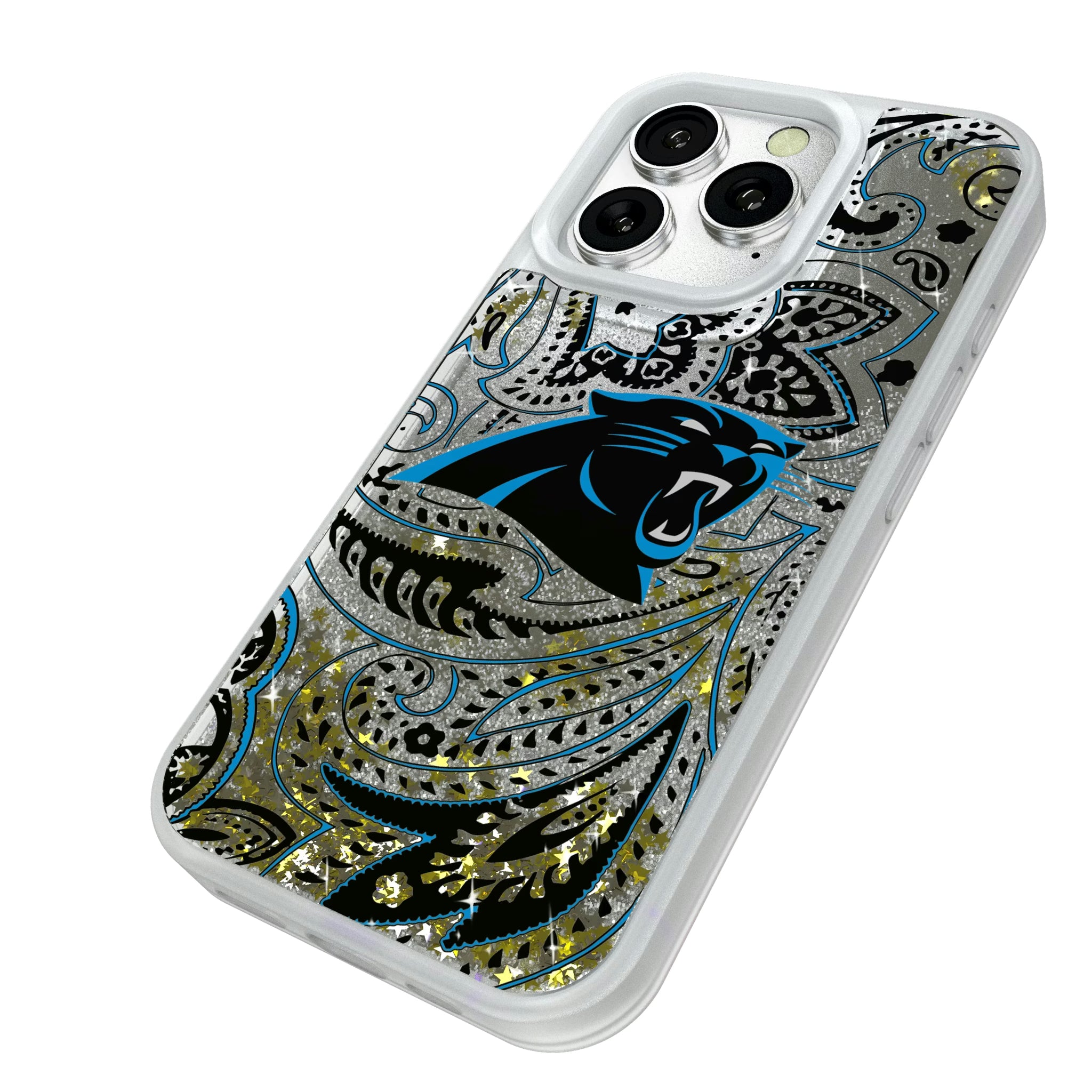 Carolina Panthers Paisley iPhone Glitter Phone Case for Apple iPhone - Isometric View#Device_iPhone 16 Pro