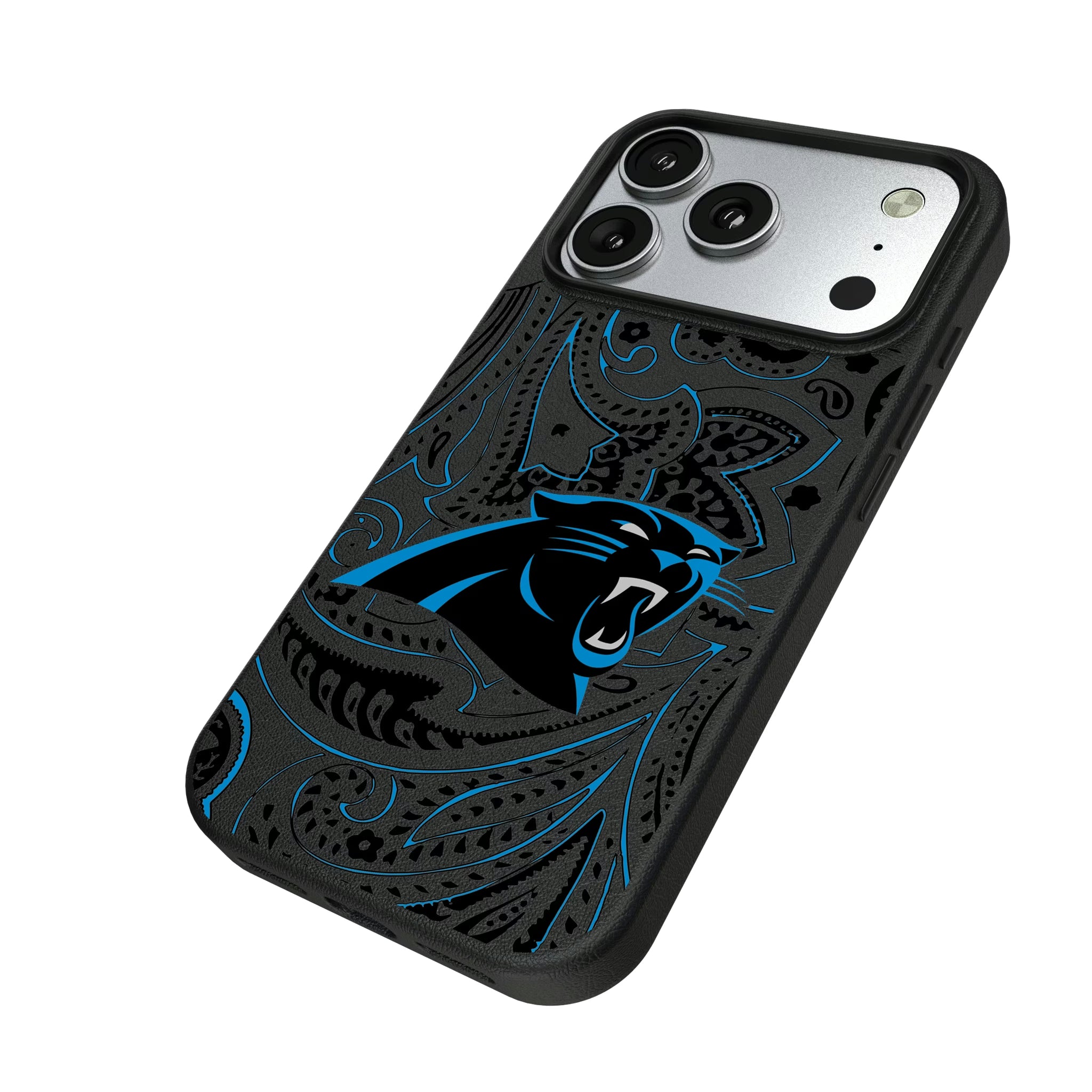 Carolina Panthers Paisley iPhone MagSafe Compatible Phone Case for Apple iPhone - Isometric View#Device_iPhone 17 Pro