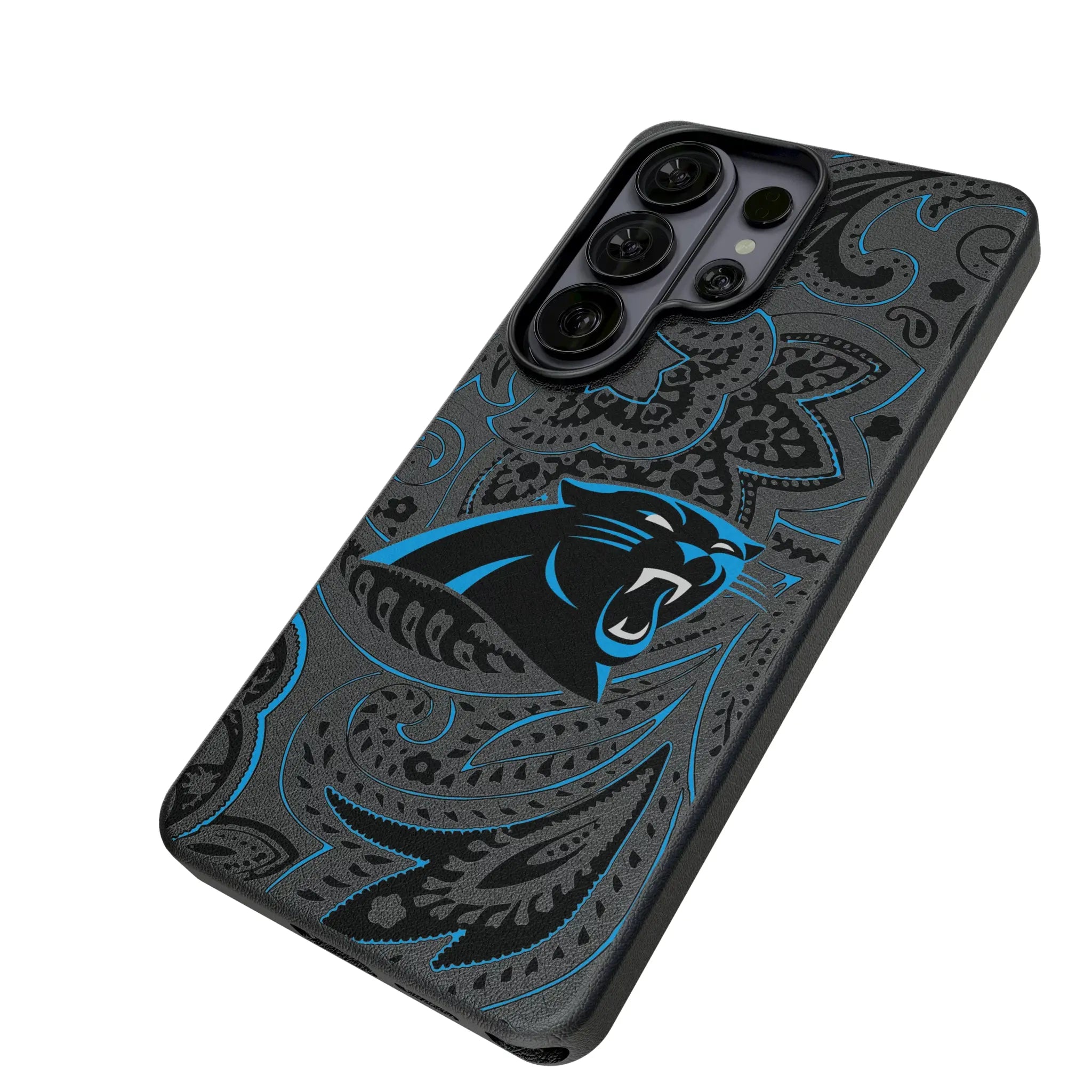 Carolina Panthers Paisley Galaxy MagSafe Compatible Phone Case for Samsung Galaxy - Isometric View#Device_Galaxy S26 Ultra