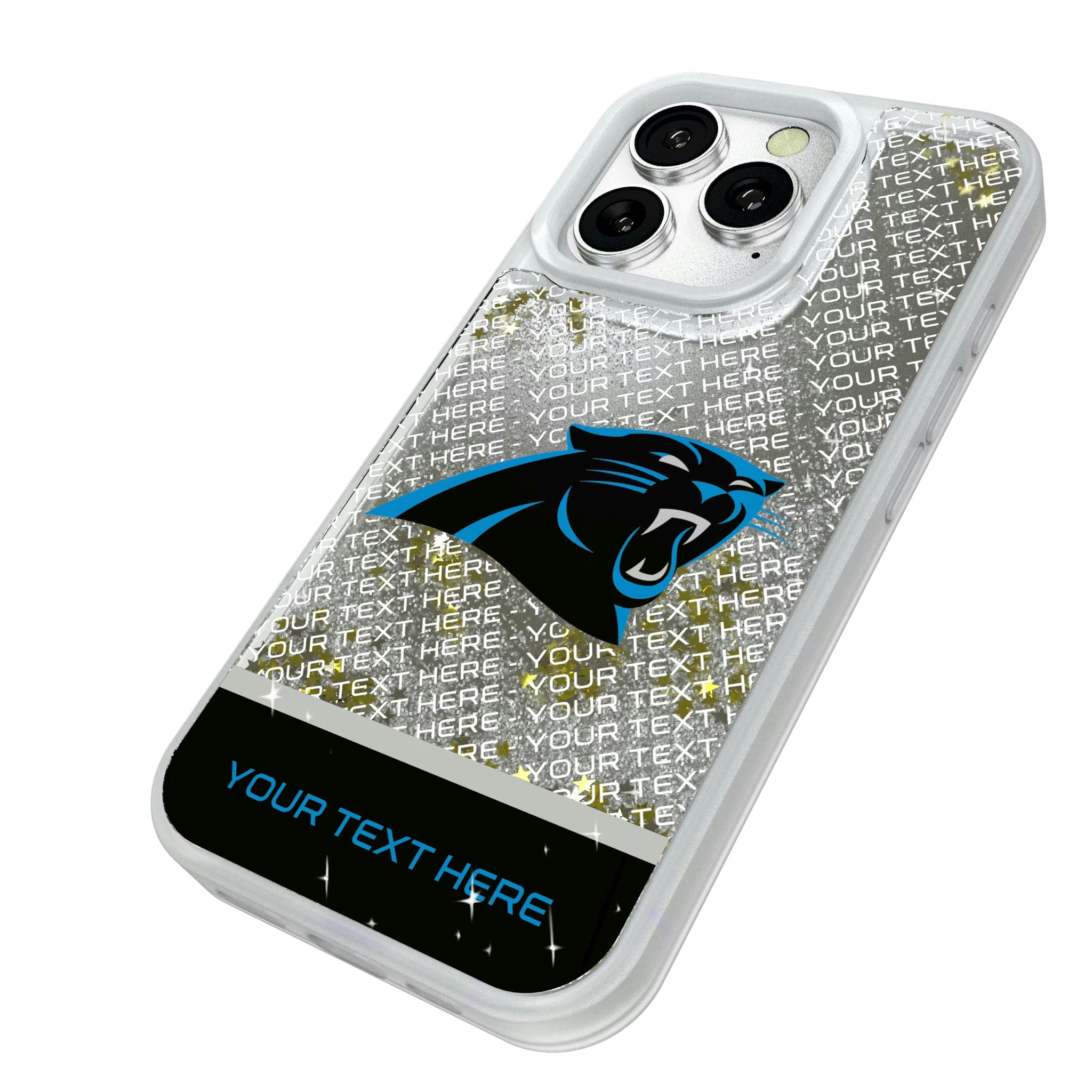 Carolina Panthers Personalized EndZone Plus iPhone Glitter Phone Case for Apple iPhone - Isometric View#Device_iPhone 16 Pro