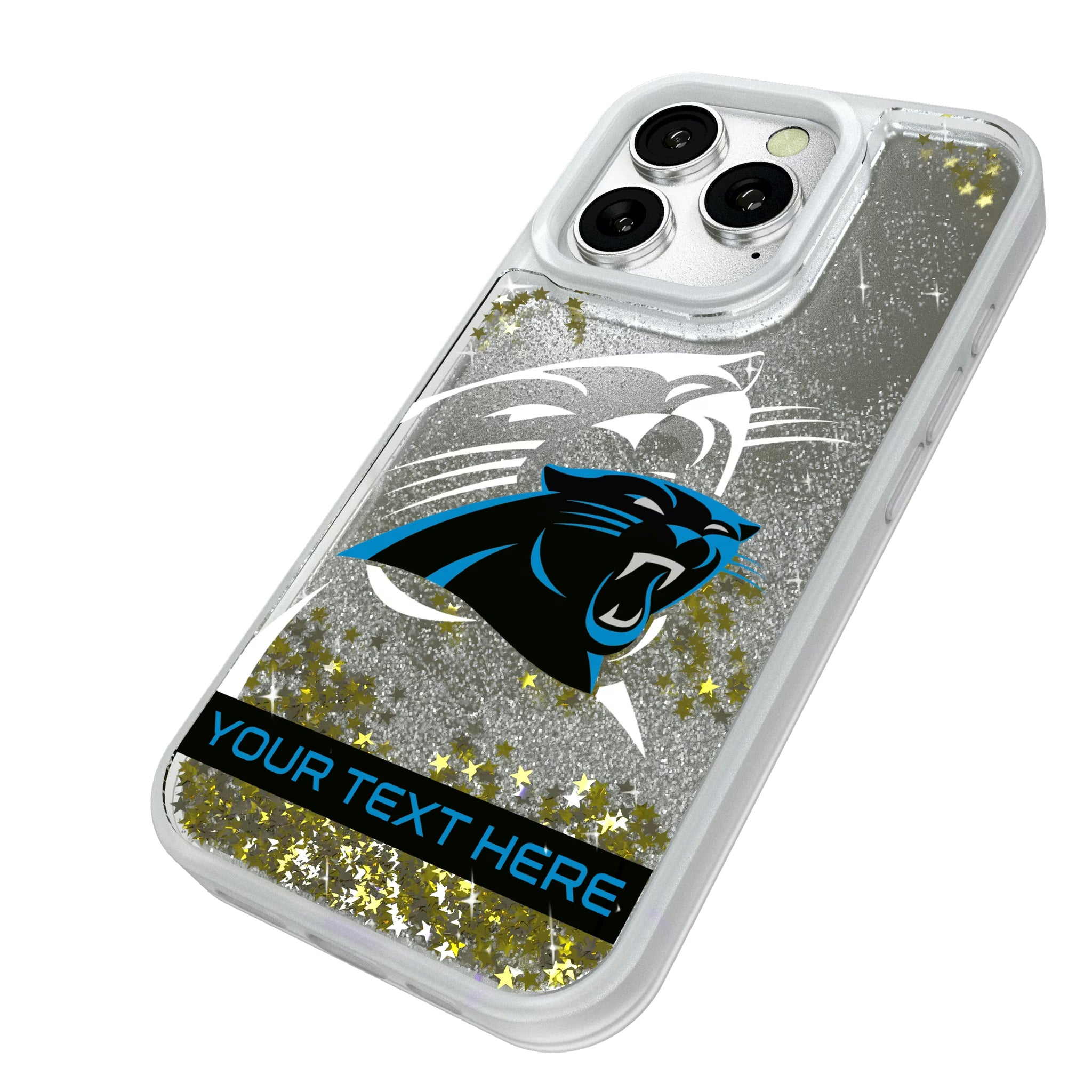 Carolina Panthers Personalized Tilt iPhone Glitter Phone Case for Apple iPhone - Isometric View#Device_iPhone 16 Pro