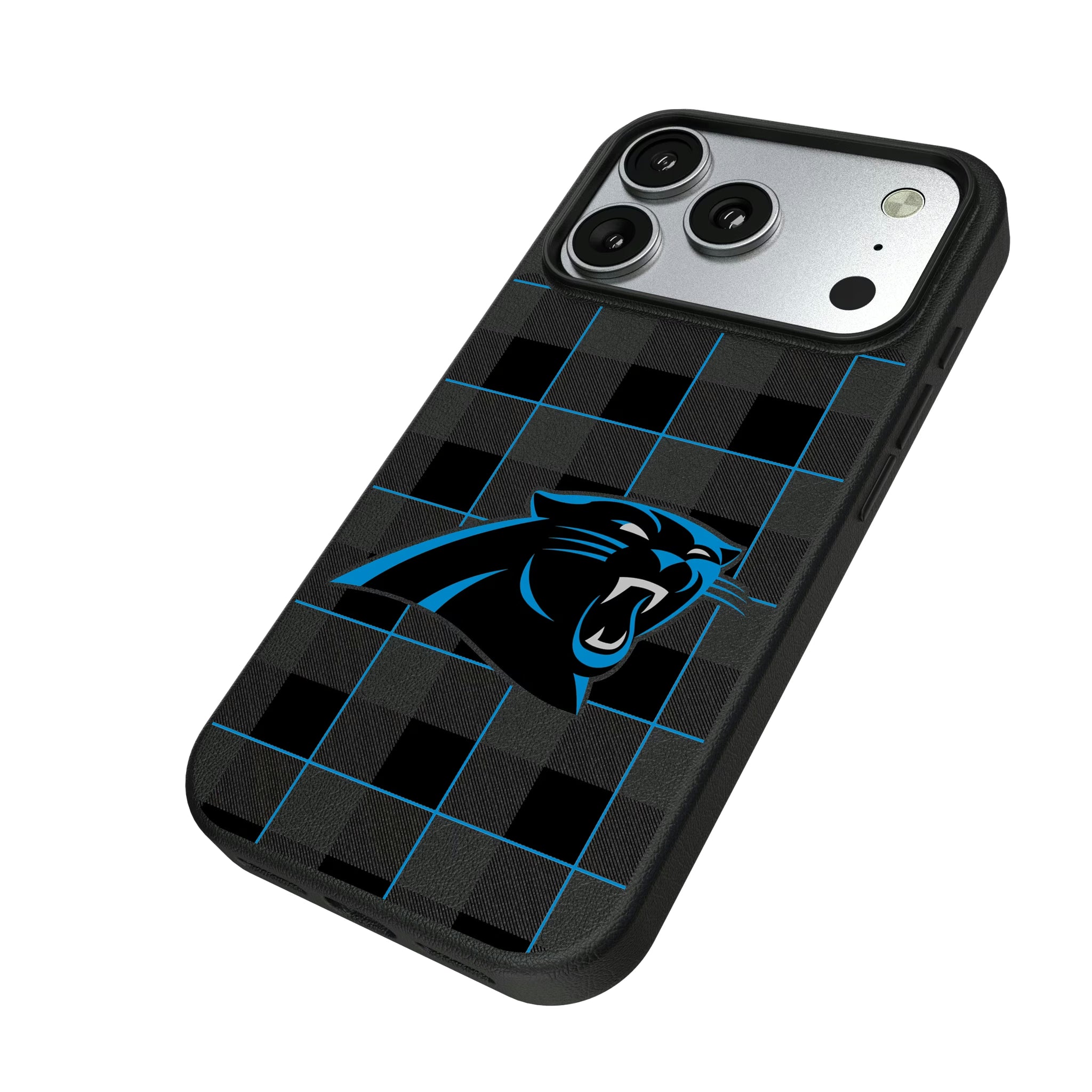 Carolina Panthers Plaid iPhone MagSafe Compatible Phone Case for Apple iPhone - Isometric View#Device_iPhone 17 Pro