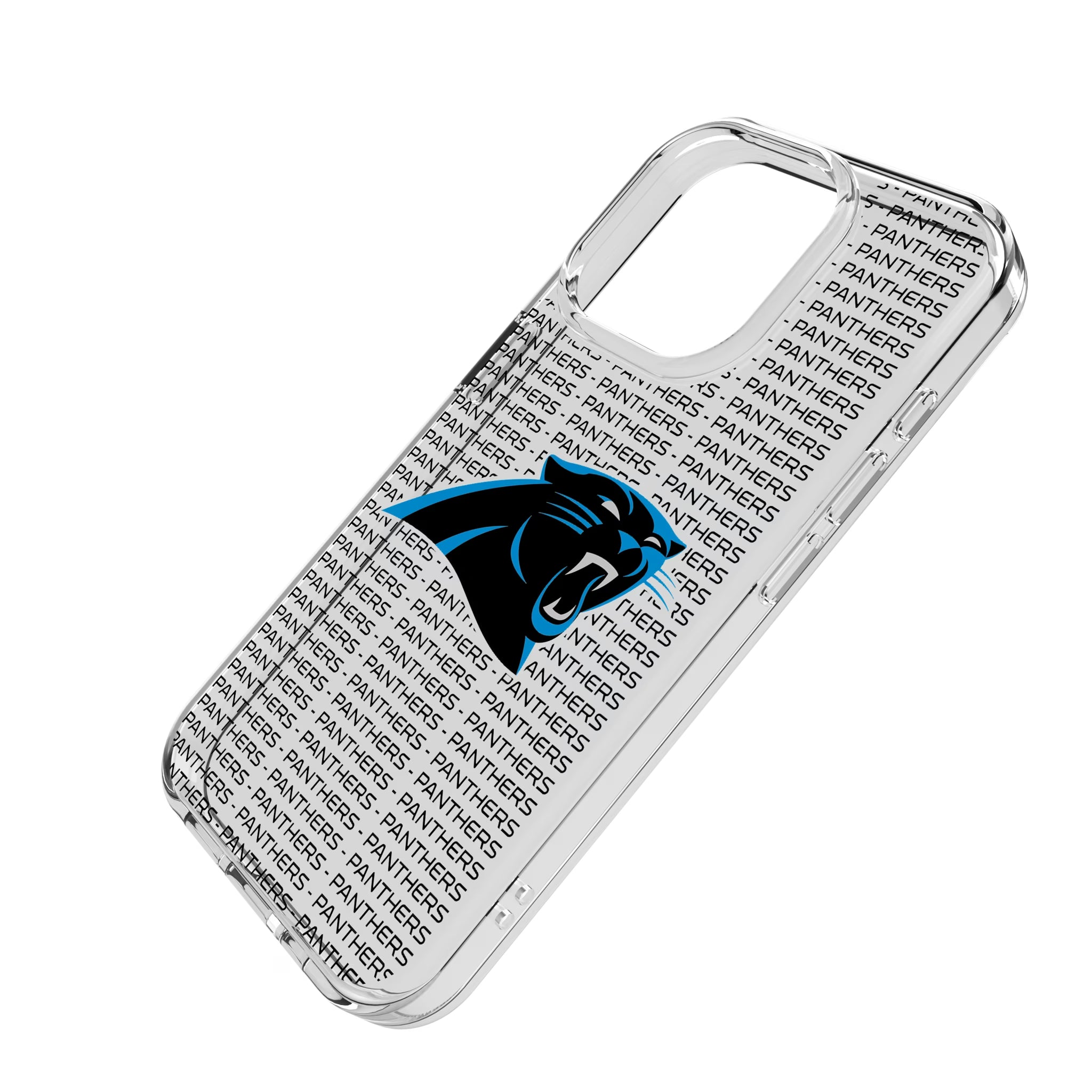 Carolina Panthers Text Backdrop iPhone Clear Phone Case for Apple iPhone - Isometric View