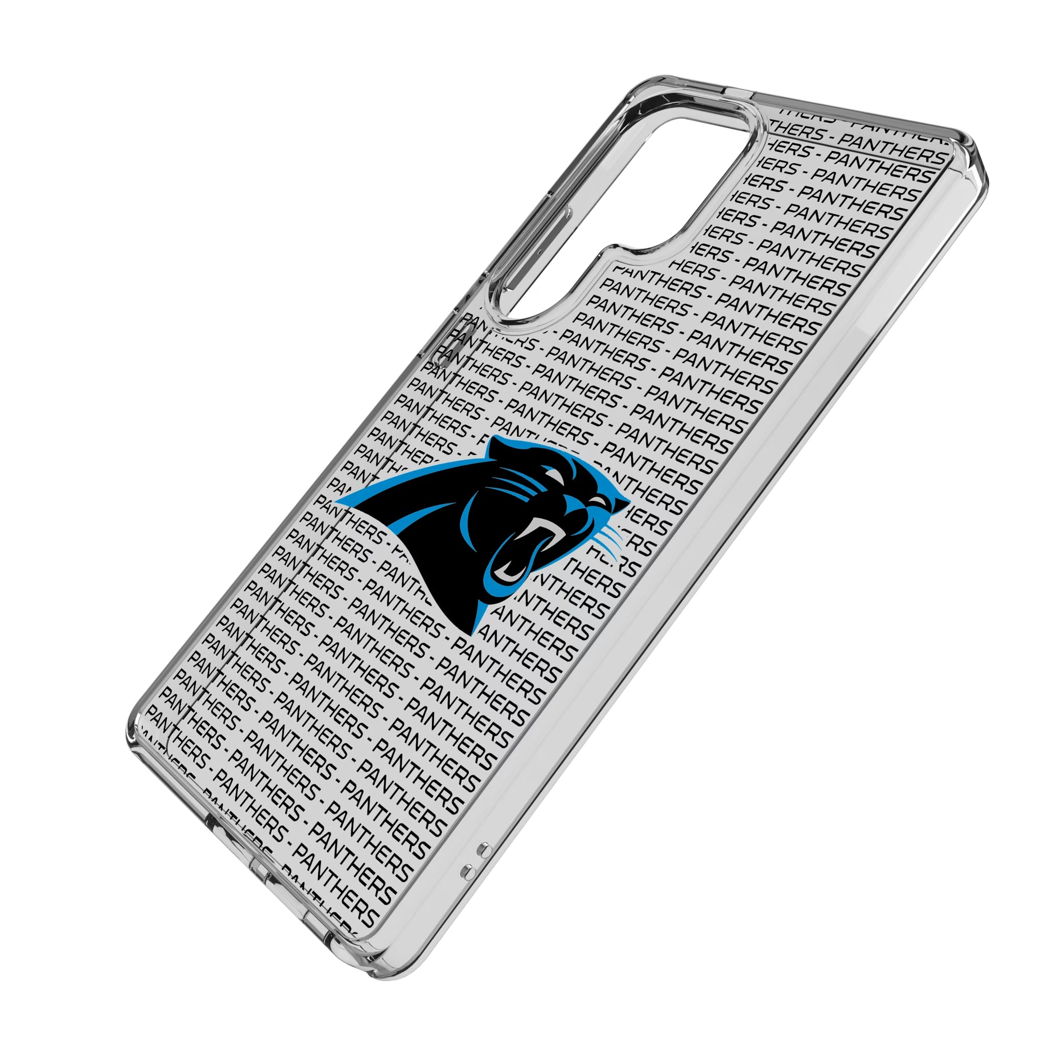 Carolina Panthers Text Backdrop Galaxy Clear Phone Case for Samsung Galaxy - Isometric View
