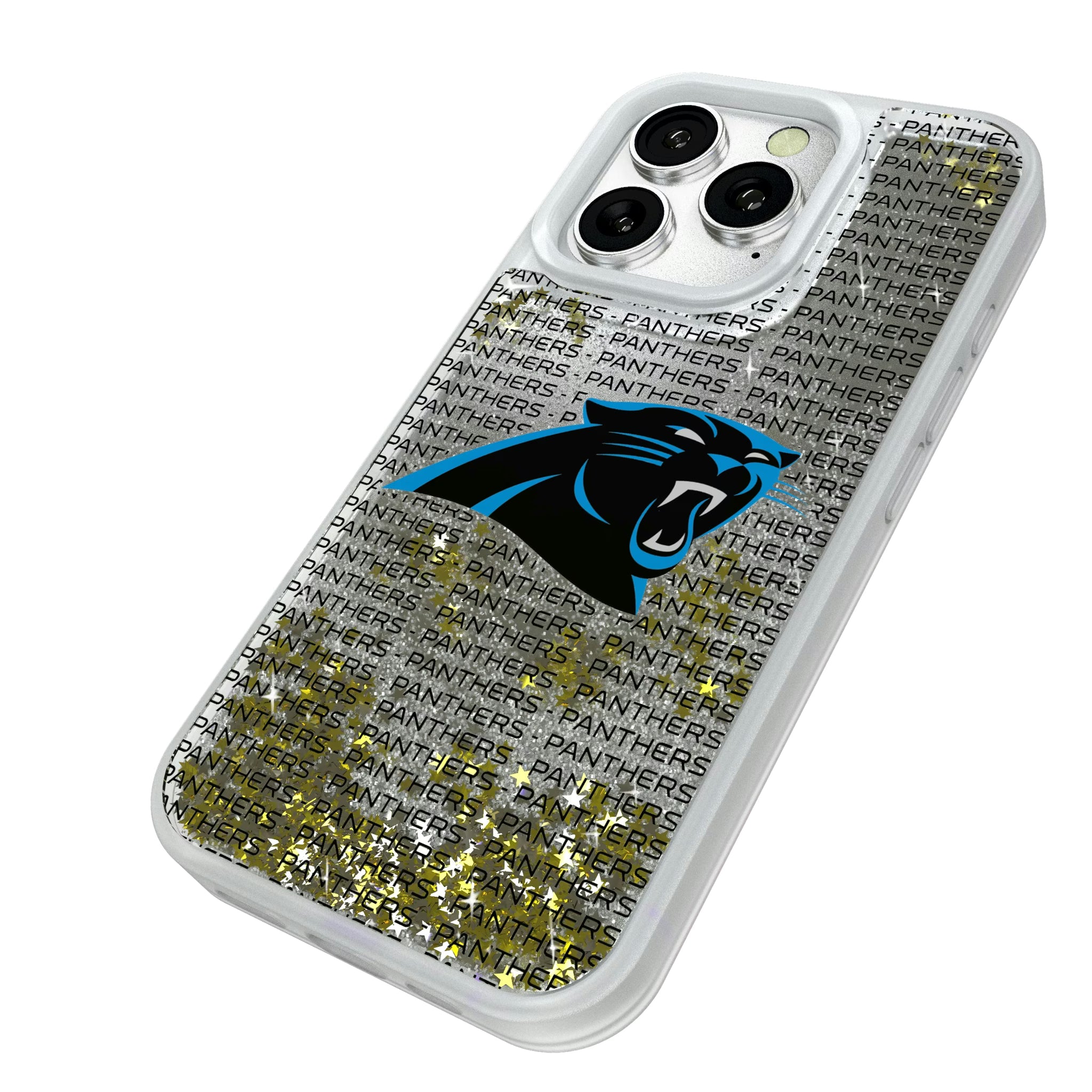 Carolina Panthers Text Backdrop iPhone Glitter Phone Case for Apple iPhone - Isometric View#Device_iPhone 16 Pro