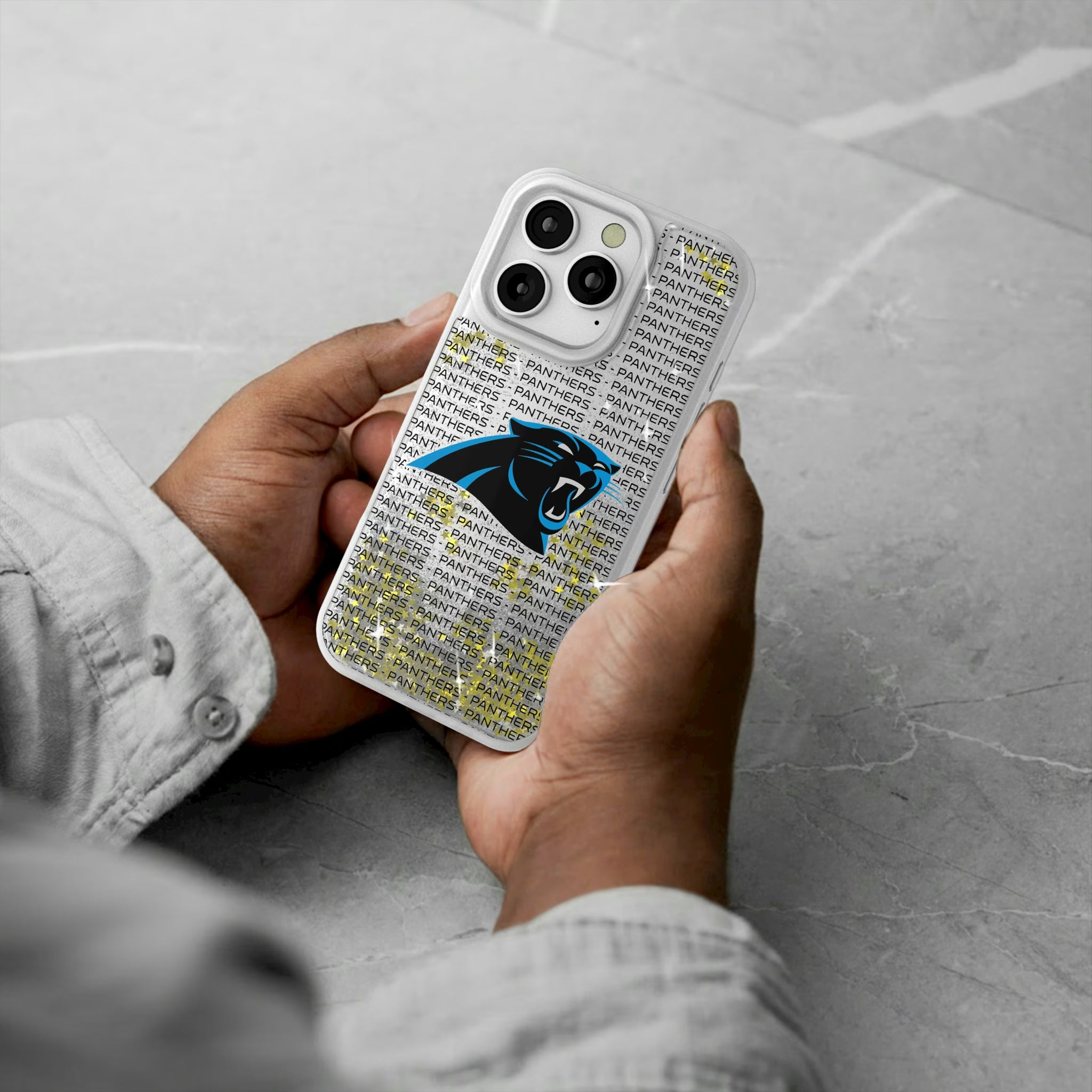 Carolina Panthers Text Backdrop iPhone Glitter Phone Case for Apple iPhone - Lifestyle#Device_iPhone 16 Pro