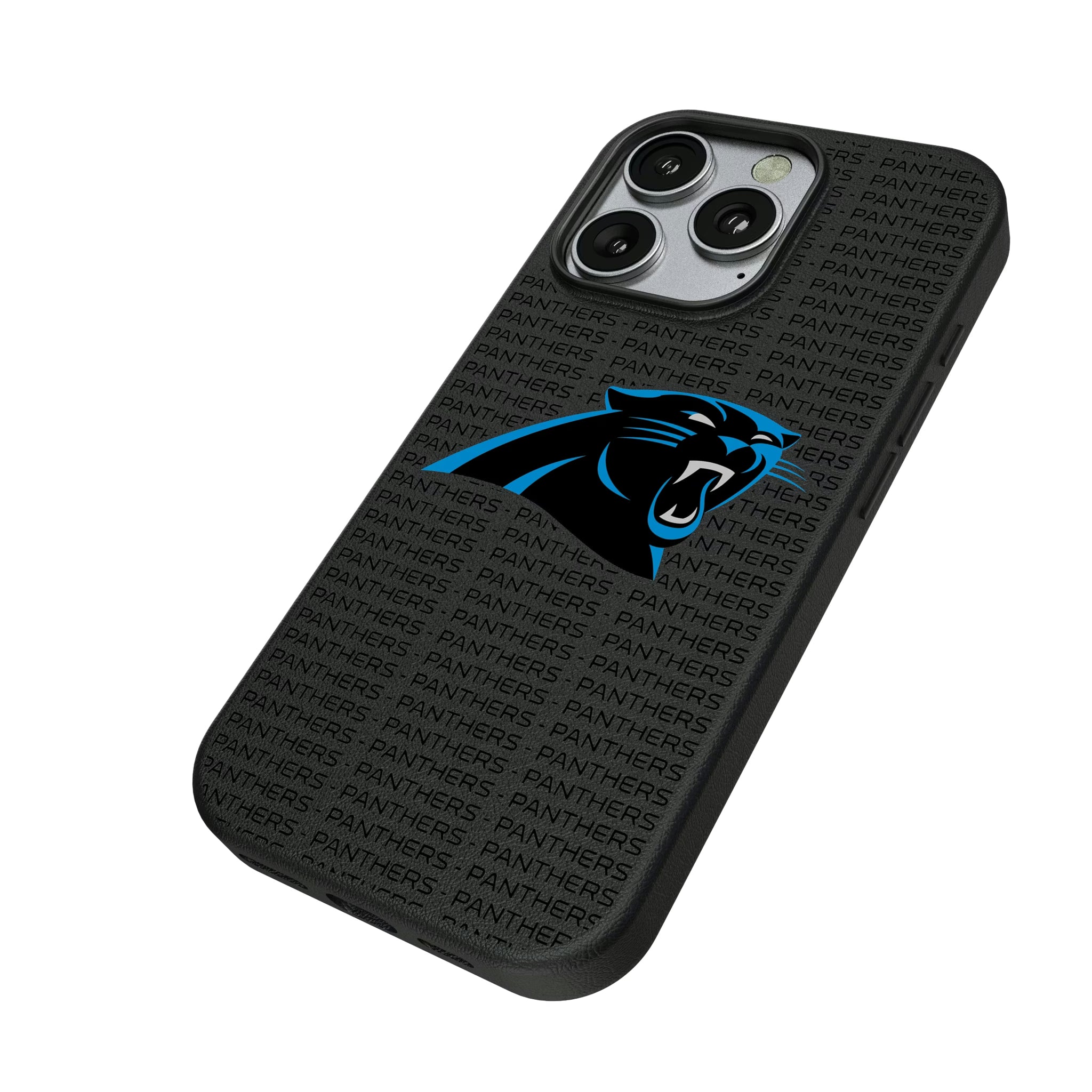 Carolina Panthers Text Backdrop iPhone MagSafe Compatible Phone Case for Apple iPhone - Isometric View