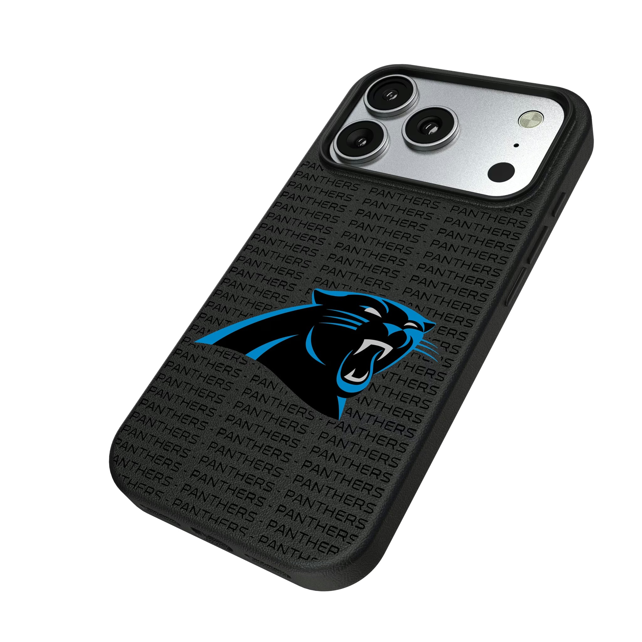 Carolina Panthers Text Backdrop iPhone MagSafe Compatible Phone Case for Apple iPhone - Isometric View#Device_iPhone 17 Pro