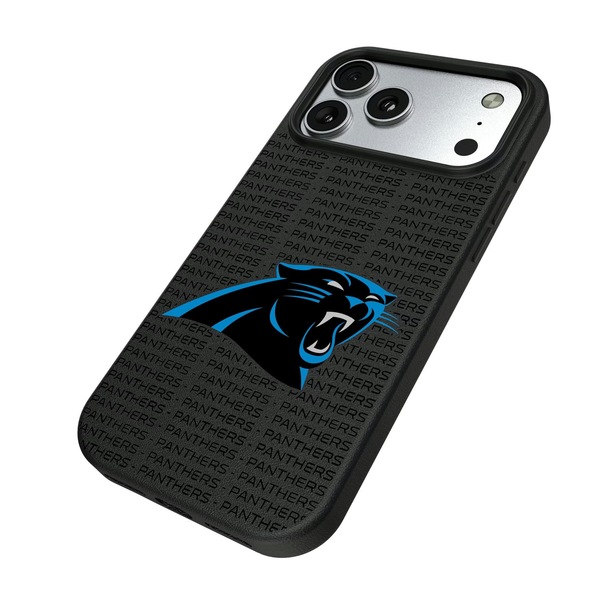 Carolina Panthers Text Backdrop iPhone MagSafe Compatible Phone Case for Apple iPhone - Isometric View#Device_iPhone 17 Pro Max