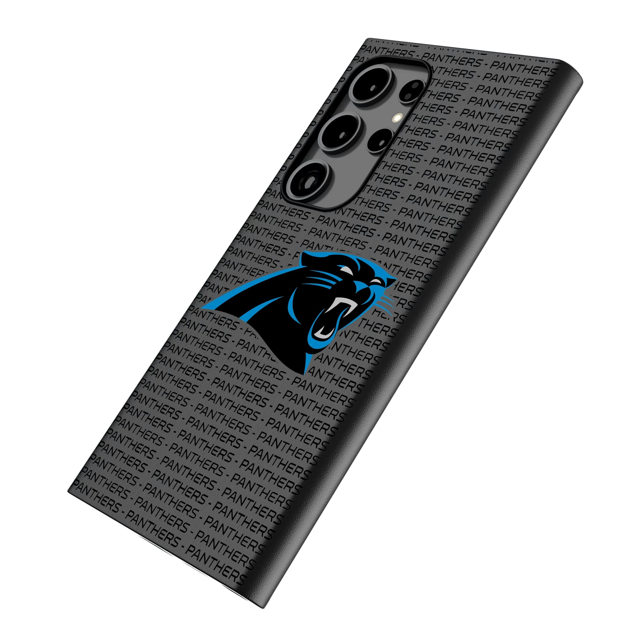 Carolina Panthers Text Backdrop Galaxy MagSafe Compatible Phone Case for Samsung Galaxy - Isometric View