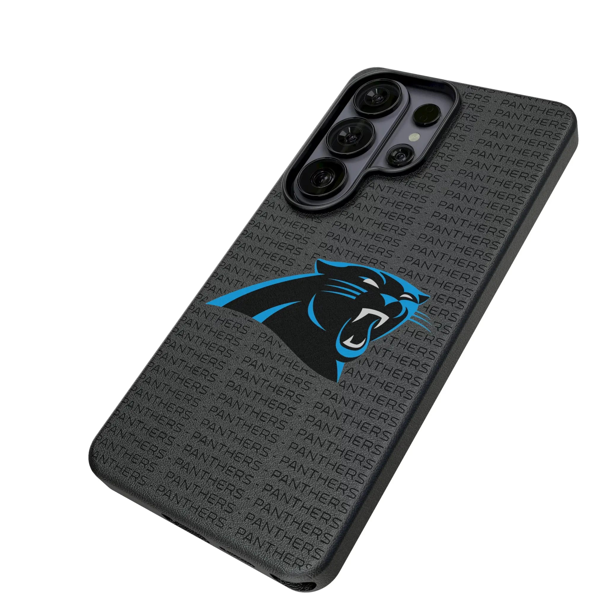 Carolina Panthers Text Backdrop Galaxy MagSafe Compatible Phone Case for Samsung Galaxy - Isometric View#Device_Galaxy S26 Ultra