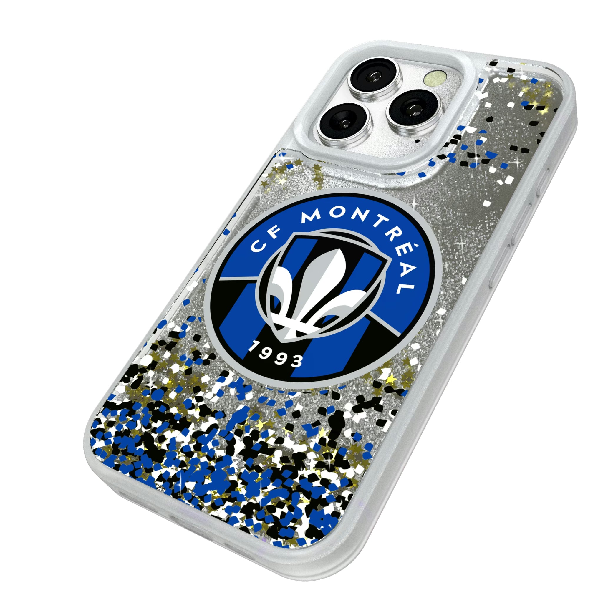CF Montreal Confetti iPhone Glitter Phone Case for Apple iPhone - Isometric View#Device_iPhone 16 Pro
