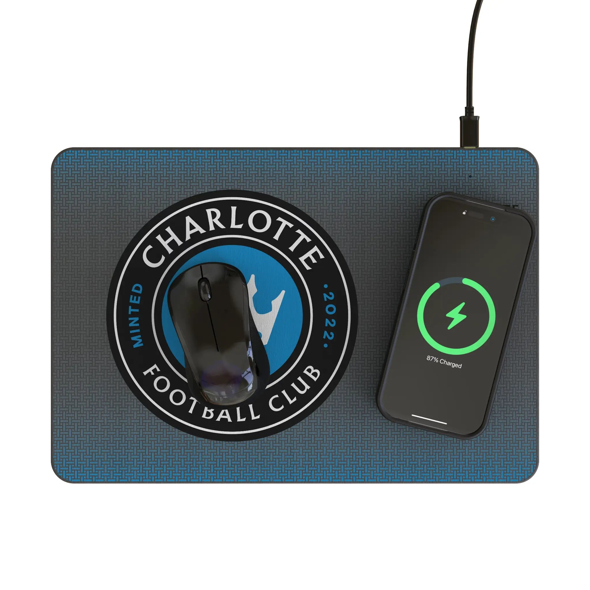 Charlotte FC Linen 15-Watt Wireless Charger and Mouse Pad - Lifestyle