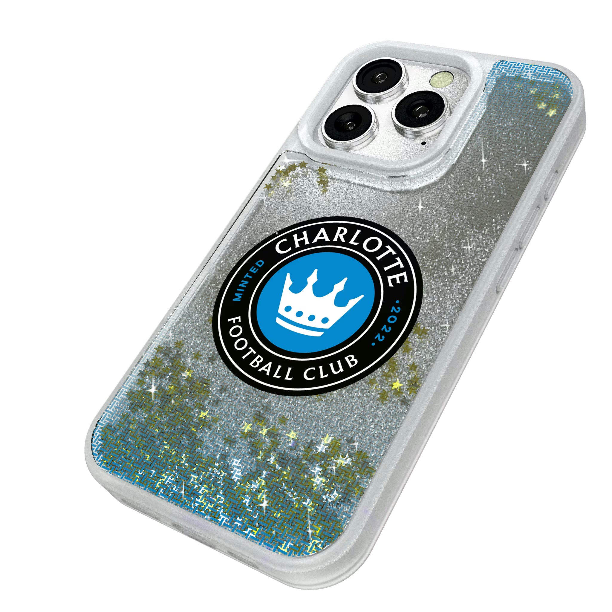 Charlotte FC Linen iPhone Glitter Phone Case for Apple iPhone - Isometric View#Device_iPhone 16 Pro
