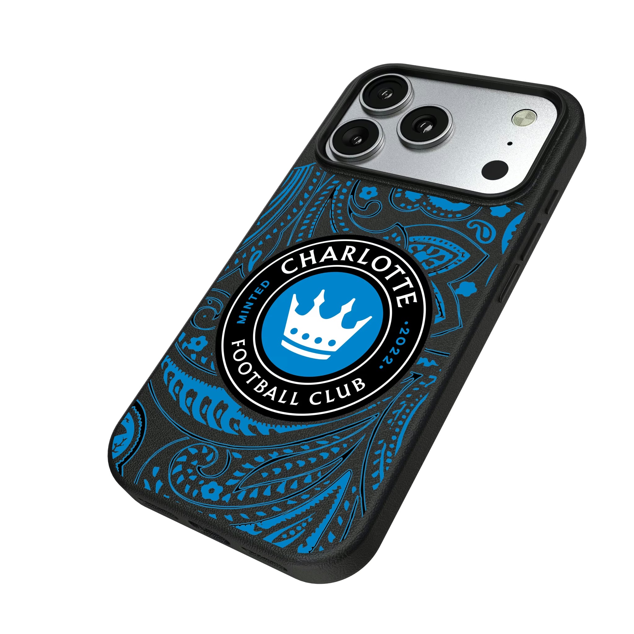 Charlotte FC Paisley iPhone MagSafe Compatible Phone Case for Apple iPhone - Isometric View#Device_iPhone 17 Pro