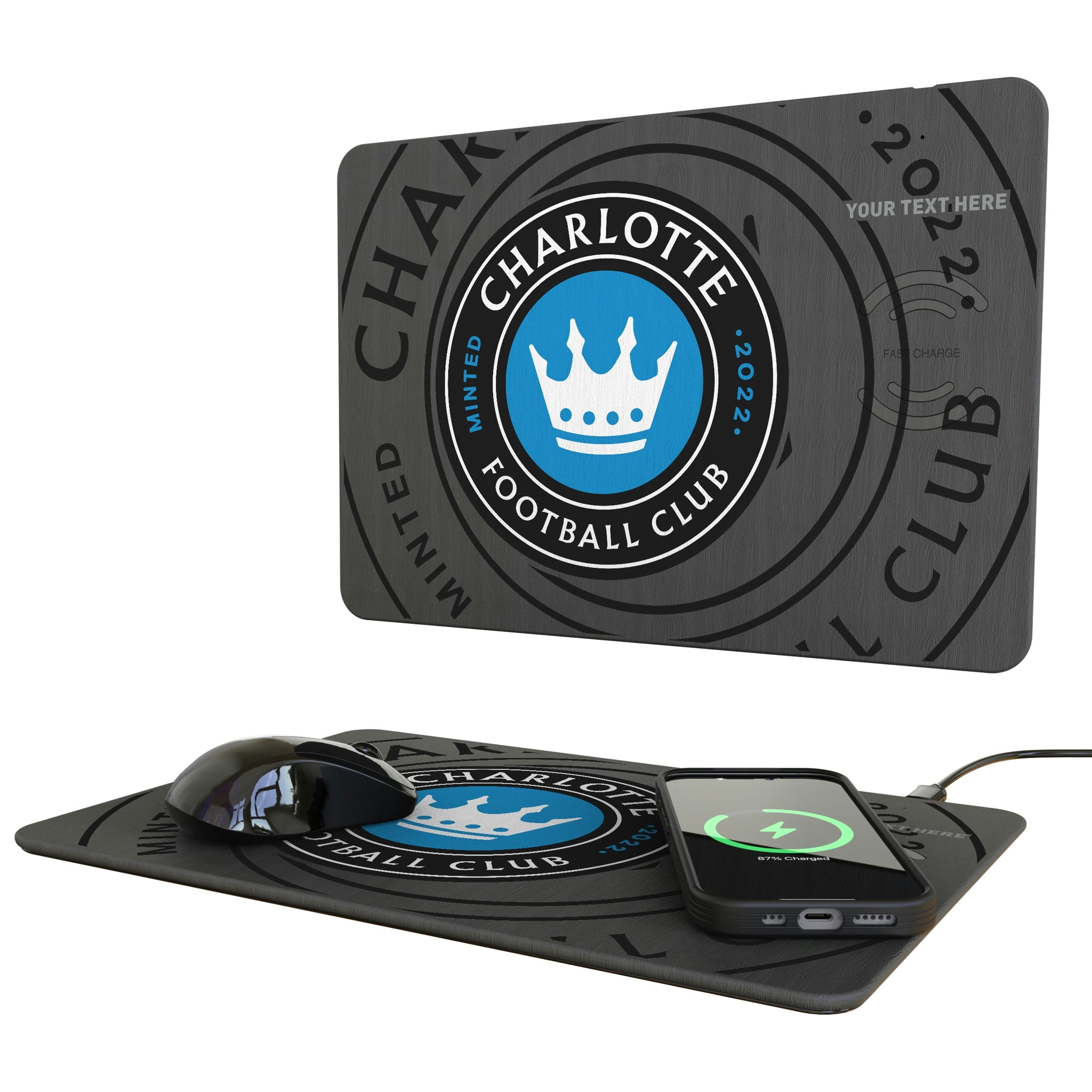 Charlotte FC Personalized Tilt 15-Watt Wireless Charger and Mouse Pad