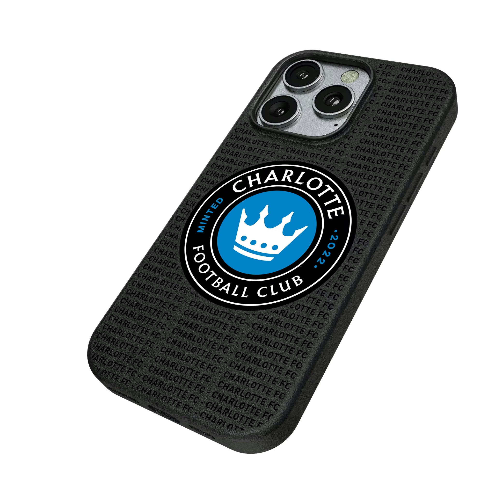 Charlotte FC Text Backdrop iPhone MagSafe Compatible Phone Case for Apple iPhone - Isometric View