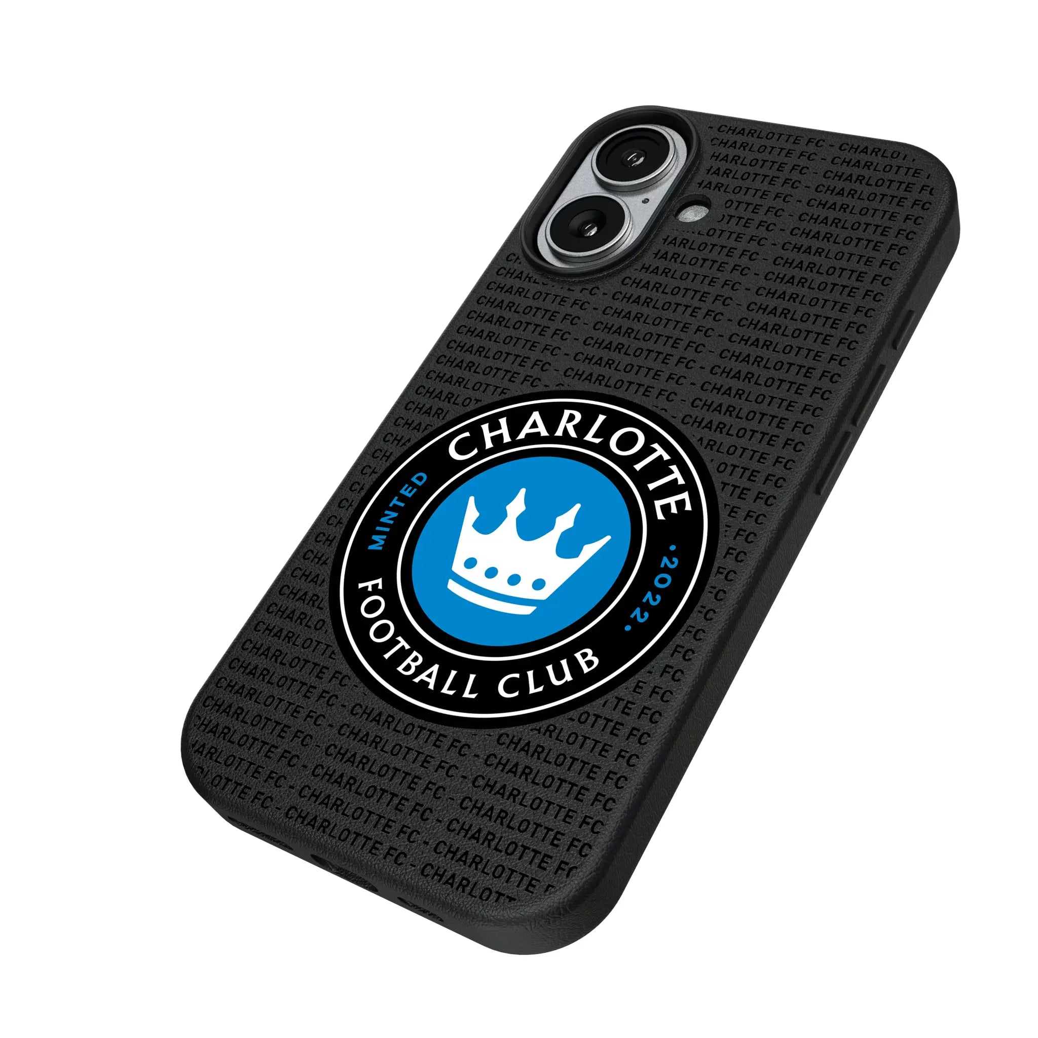 Charlotte FC Text Backdrop iPhone MagSafe Compatible Phone Case for Apple iPhone - Isometric View#Device_iPhone 17