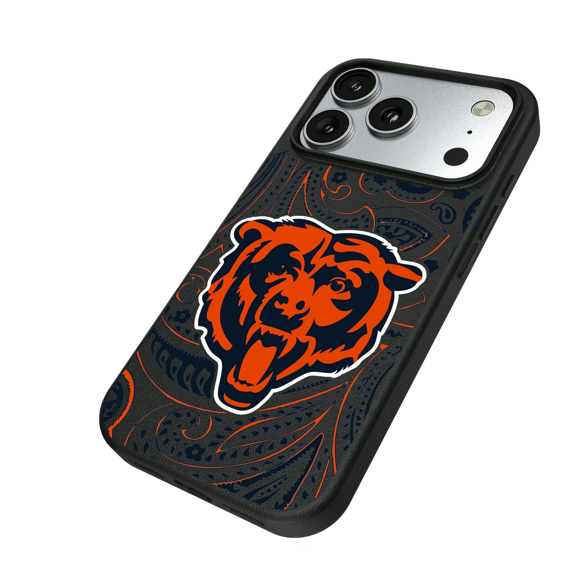 Chicago Bears Paisley iPhone MagSafe Compatible Phone Case for Apple iPhone - Isometric View#Device_iPhone 17 Pro