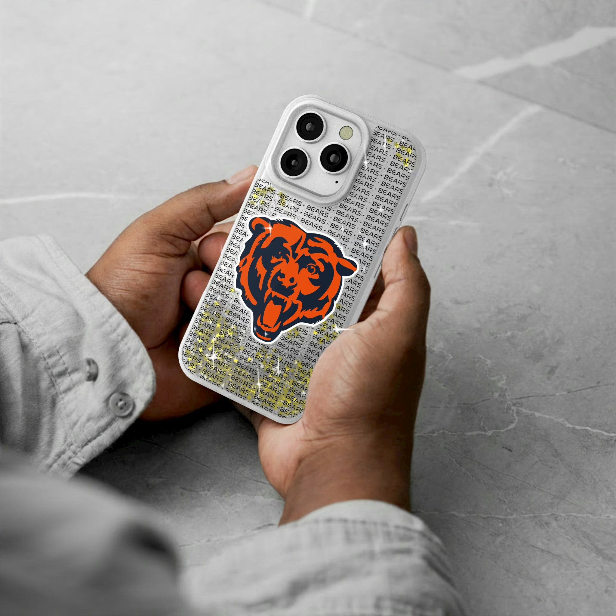 Chicago Bears Text Backdrop iPhone Glitter Phone Case for Apple iPhone - Lifestyle#Device_iPhone 16 Pro