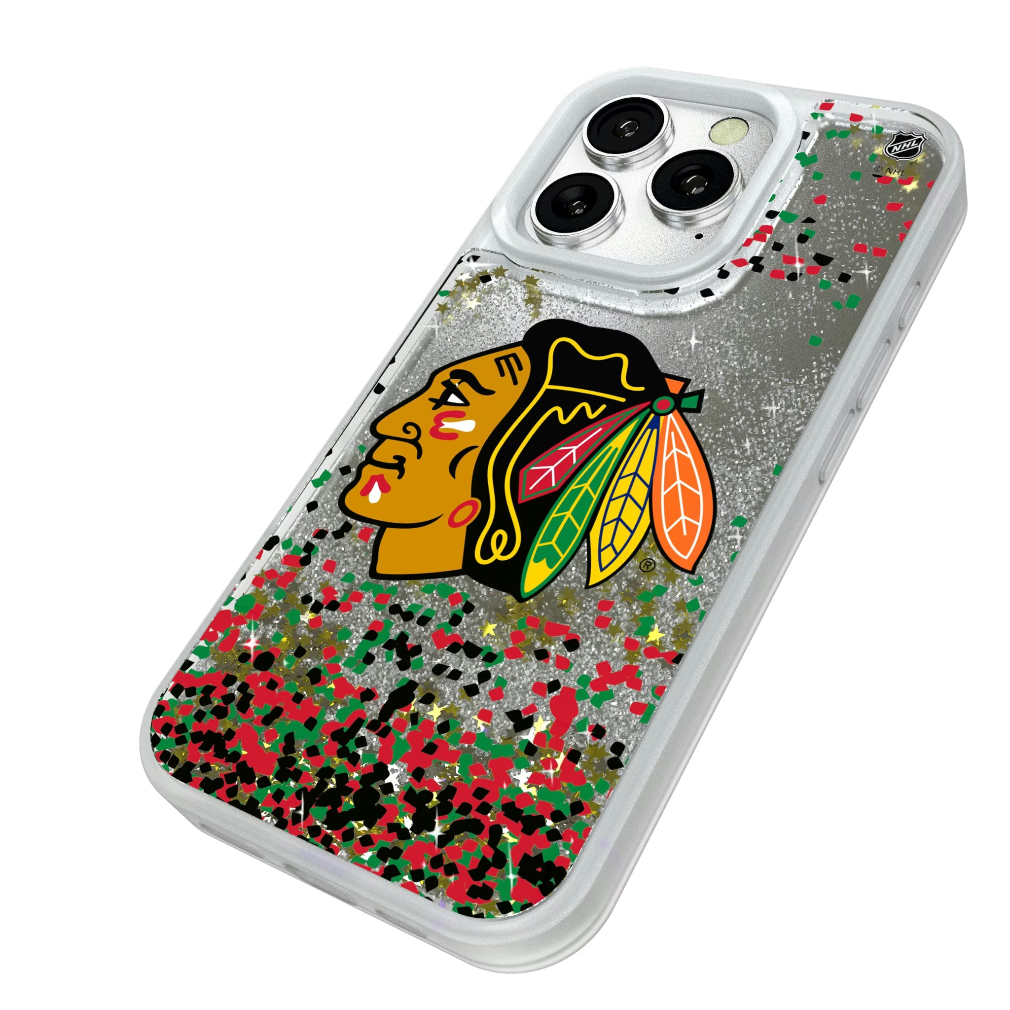 Chicago Blackhawks Confetti iPhone Glitter Phone Case for Apple iPhone - Isometric View#Device_iPhone 16 Pro