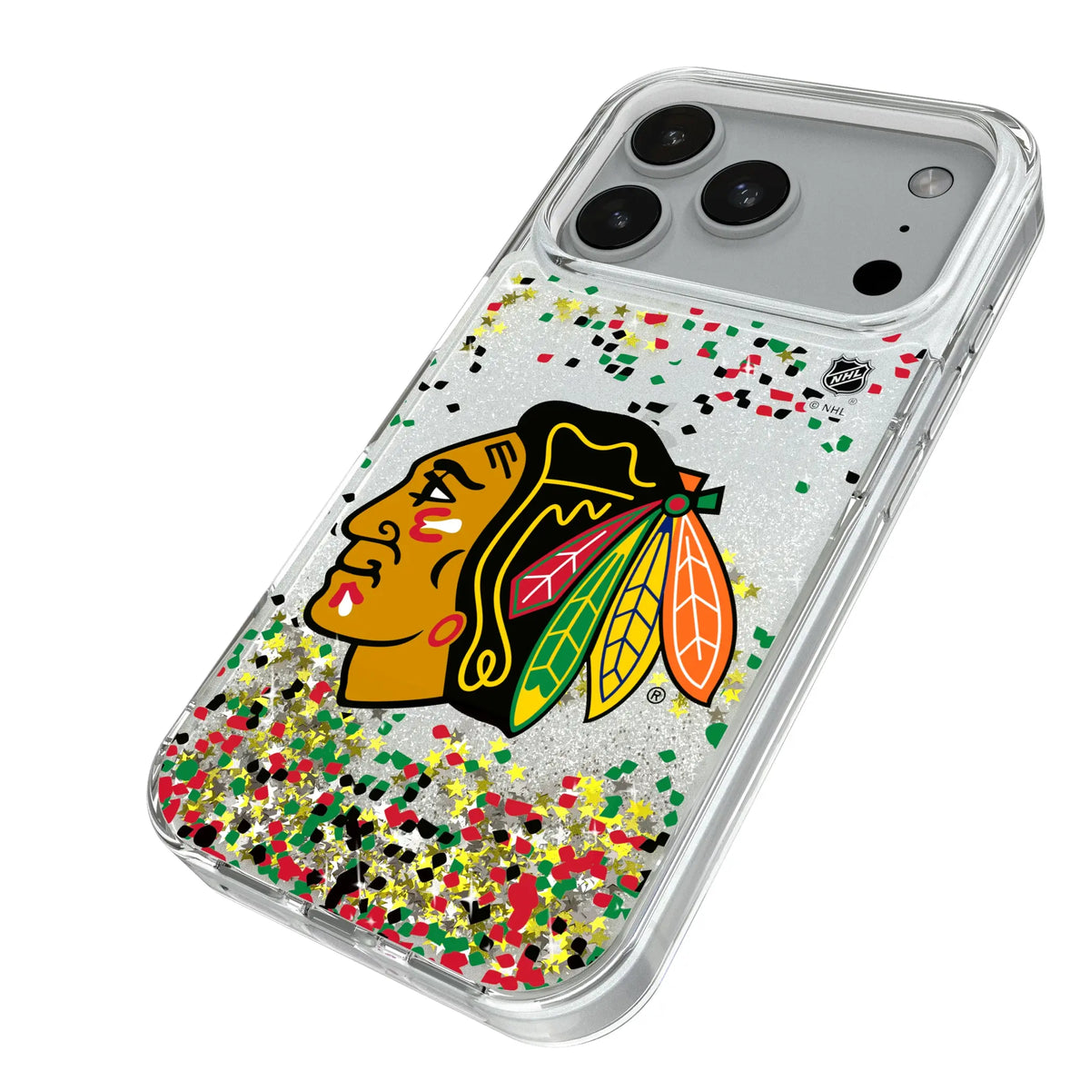 Chicago Blackhawks Confetti iPhone Glitter Phone Case for Apple iPhone - Isometric View#Device_iPhone 18 Pro