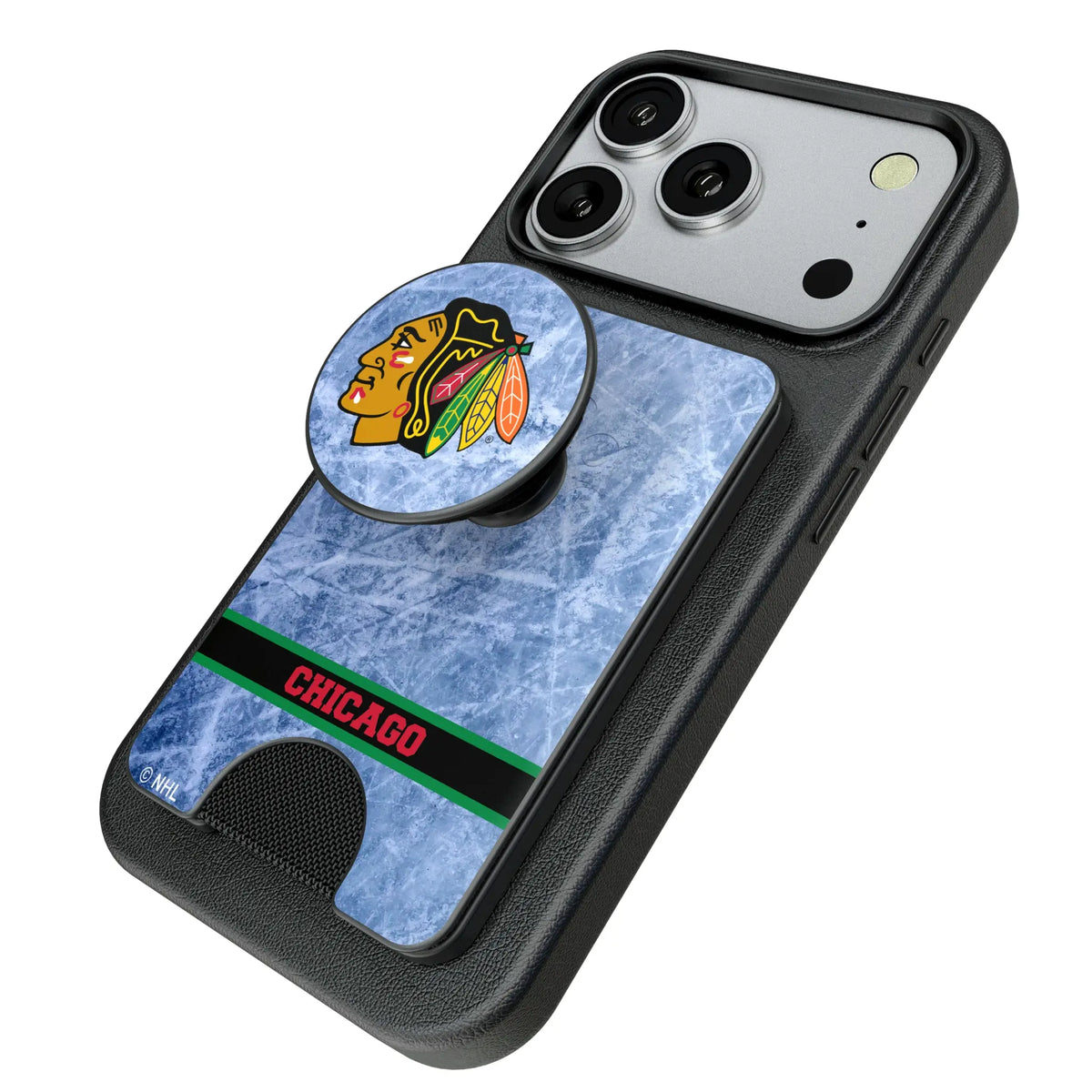 Chicago Blackhawks Ice Wordmark Popsockets Wallet Magnetic - Isometric View