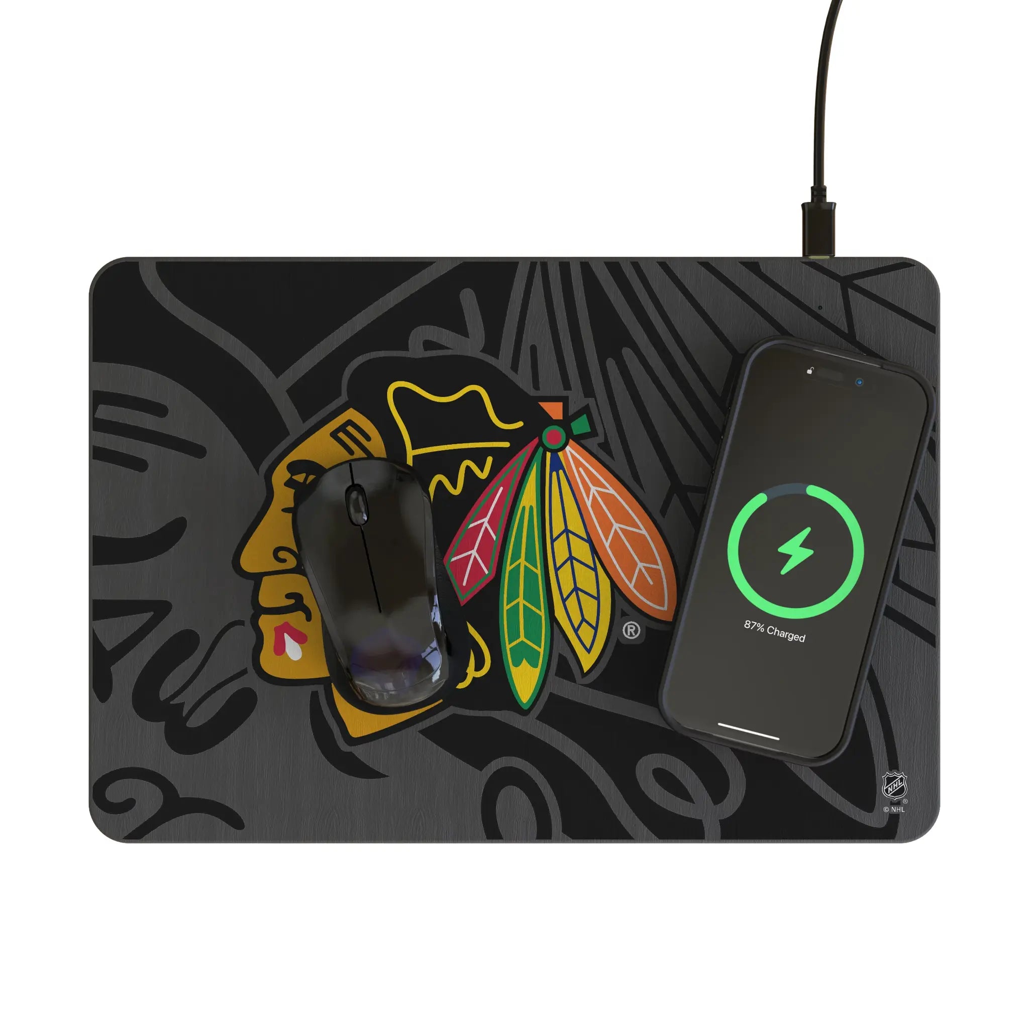 Chicago Blackhawks Monocolor Tilt 15-Watt Wireless Charger and Mouse Pad - Lifestyle