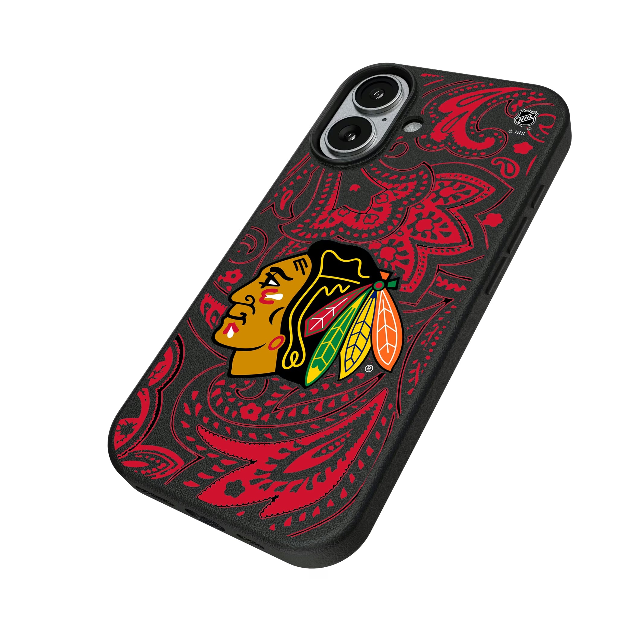 Chicago Blackhawks Paisley iPhone MagSafe Compatible Phone Case for Apple iPhone - Isometric View#Device_iPhone 17