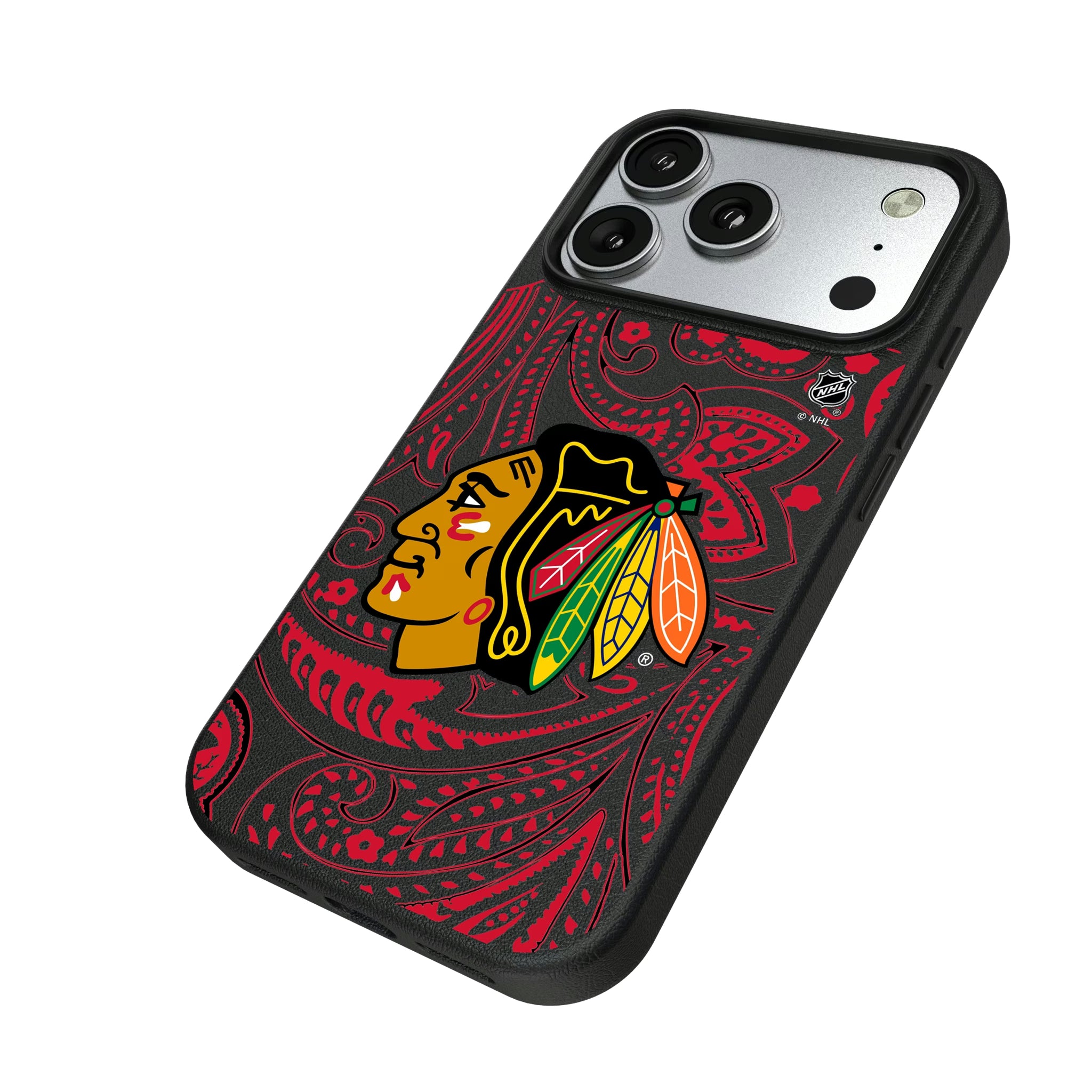 Chicago Blackhawks Paisley iPhone MagSafe Compatible Phone Case for Apple iPhone - Isometric View#Device_iPhone 17 Pro