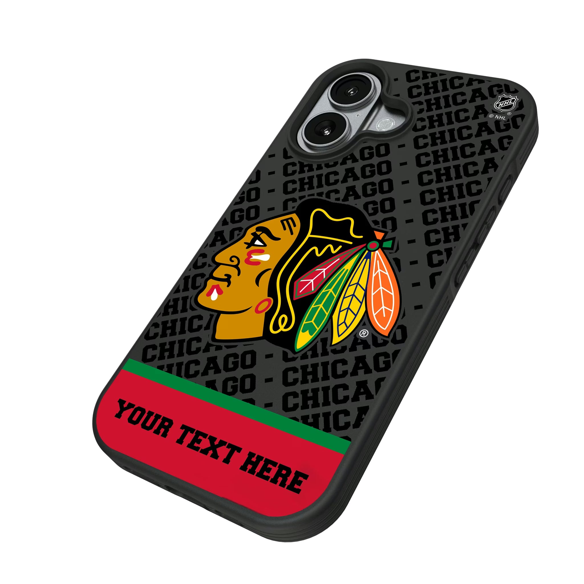 Chicago Blackhawks Personalized EndZone Plus iPhone Bump Phone Case for Apple iPhone - Isometric View#Device_iPhone 17