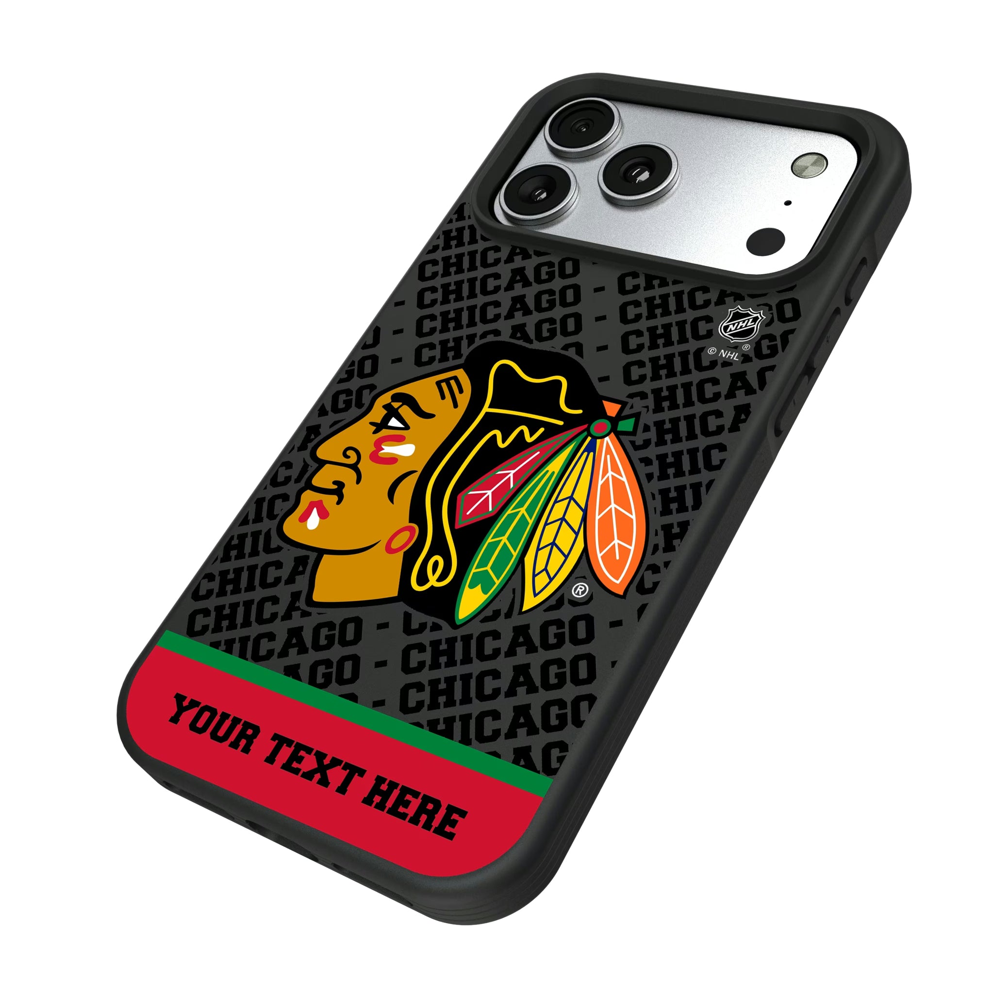 Chicago Blackhawks Personalized EndZone Plus iPhone Bump Phone Case for Apple iPhone - Isometric View#Device_iPhone 17 Pro Max