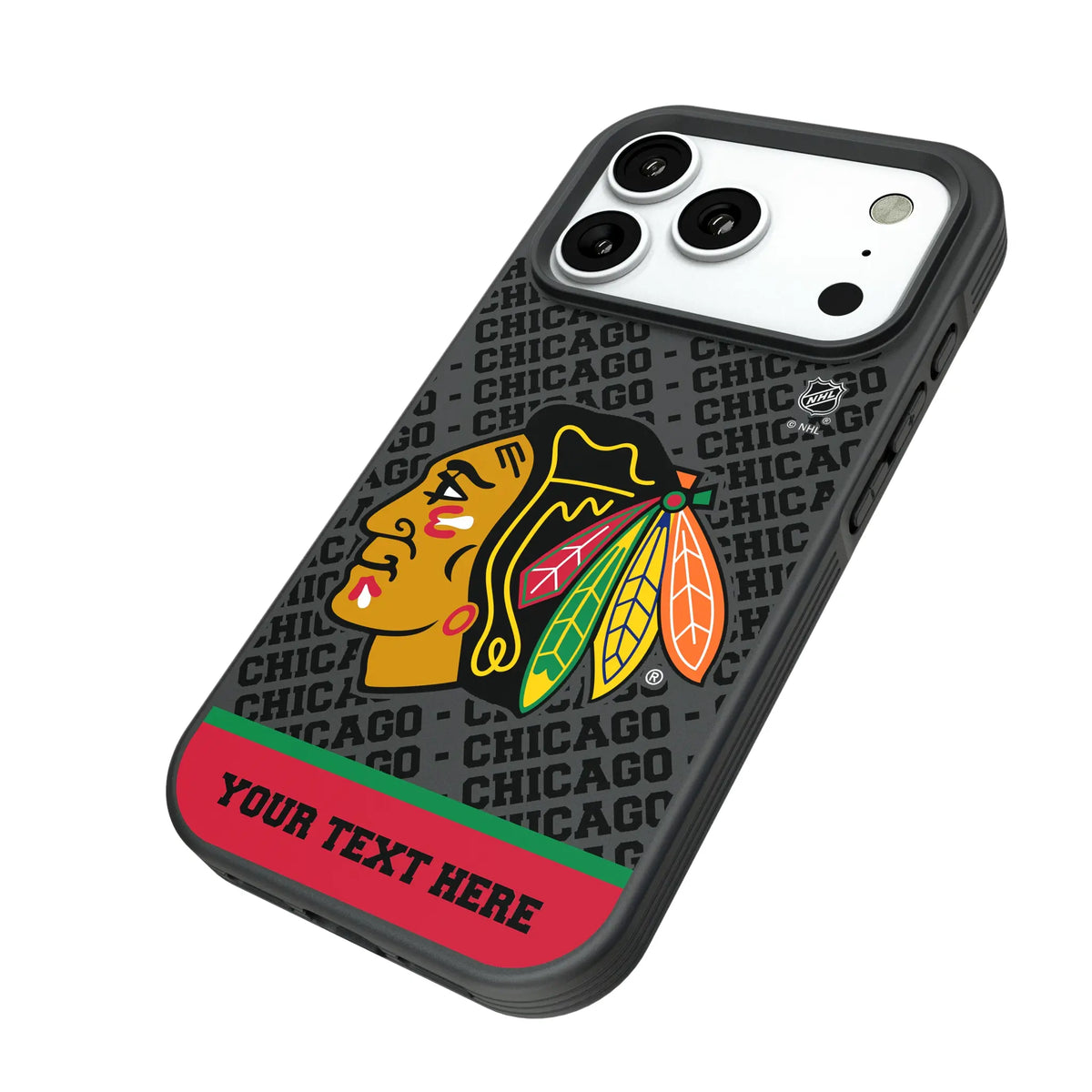 Chicago Blackhawks Personalized EndZone Plus iPhone Bump Phone Case for Apple iPhone - Isometric View#Device_iPhone 18 Pro