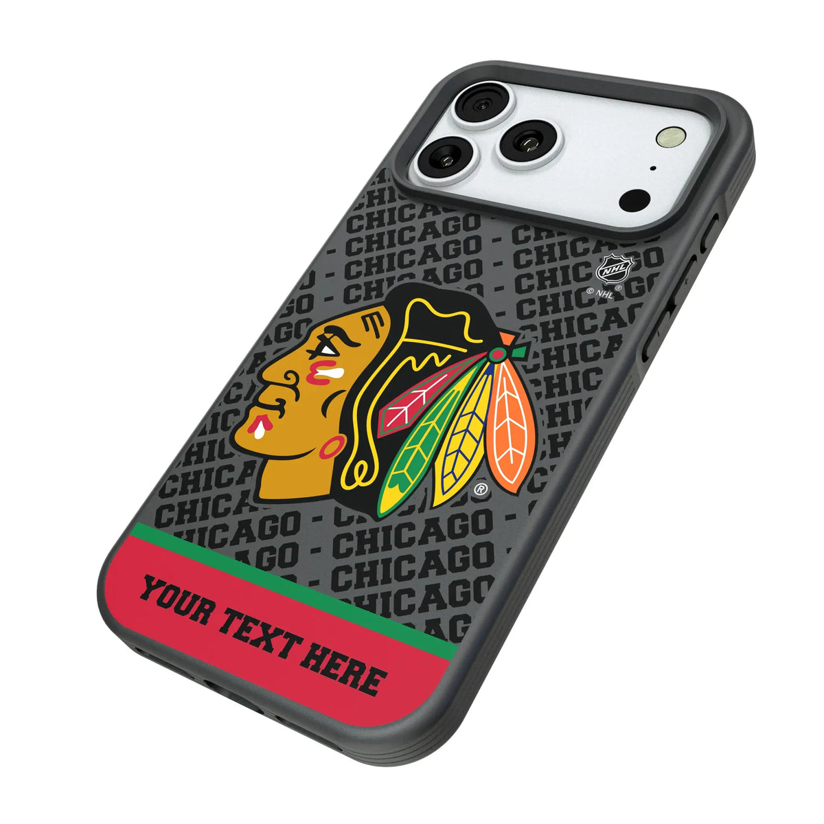 Chicago Blackhawks Personalized EndZone Plus iPhone Bump Phone Case for Apple iPhone - Isometric View#Device_iPhone 18 Pro Max