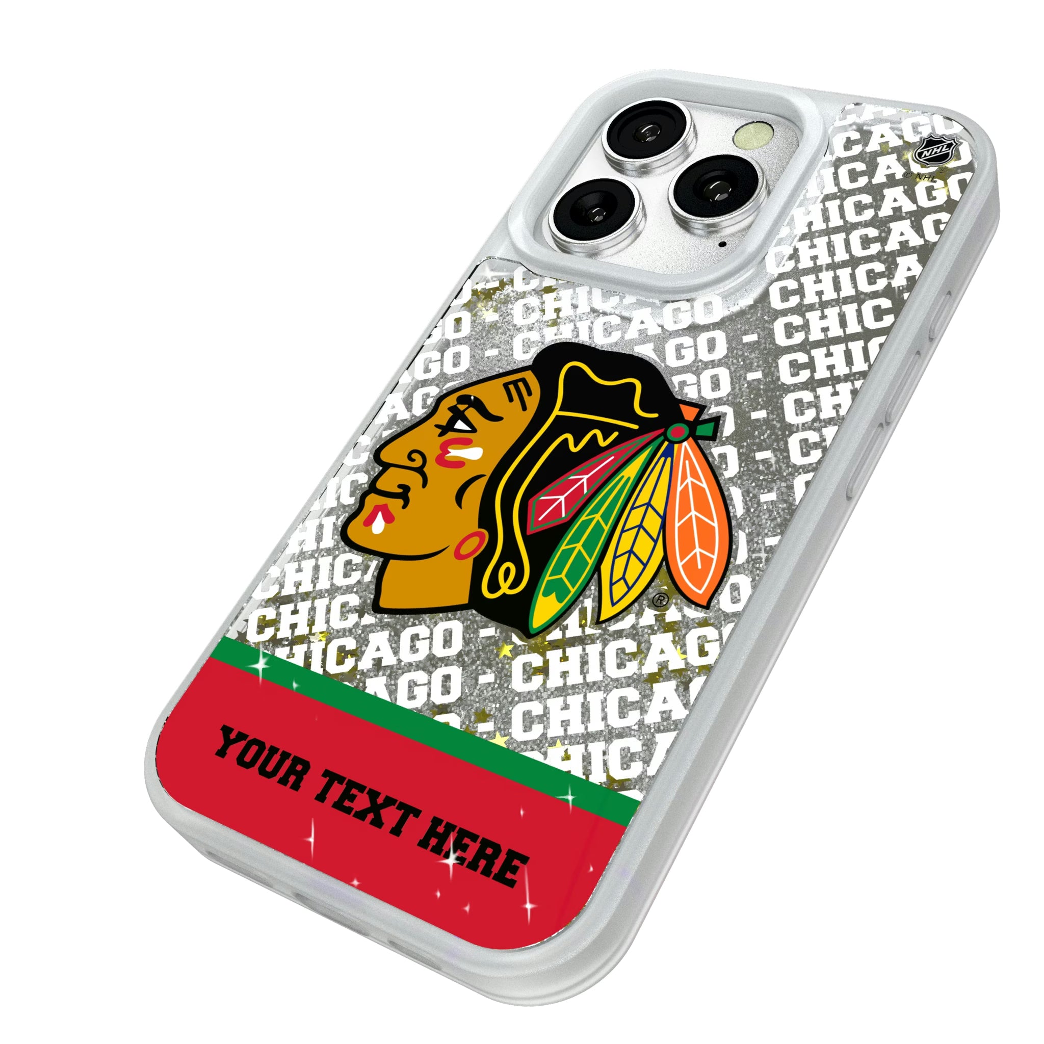 Chicago Blackhawks Personalized EndZone Plus iPhone Glitter Phone Case for Apple iPhone - Isometric View#Device_iPhone 16 Pro