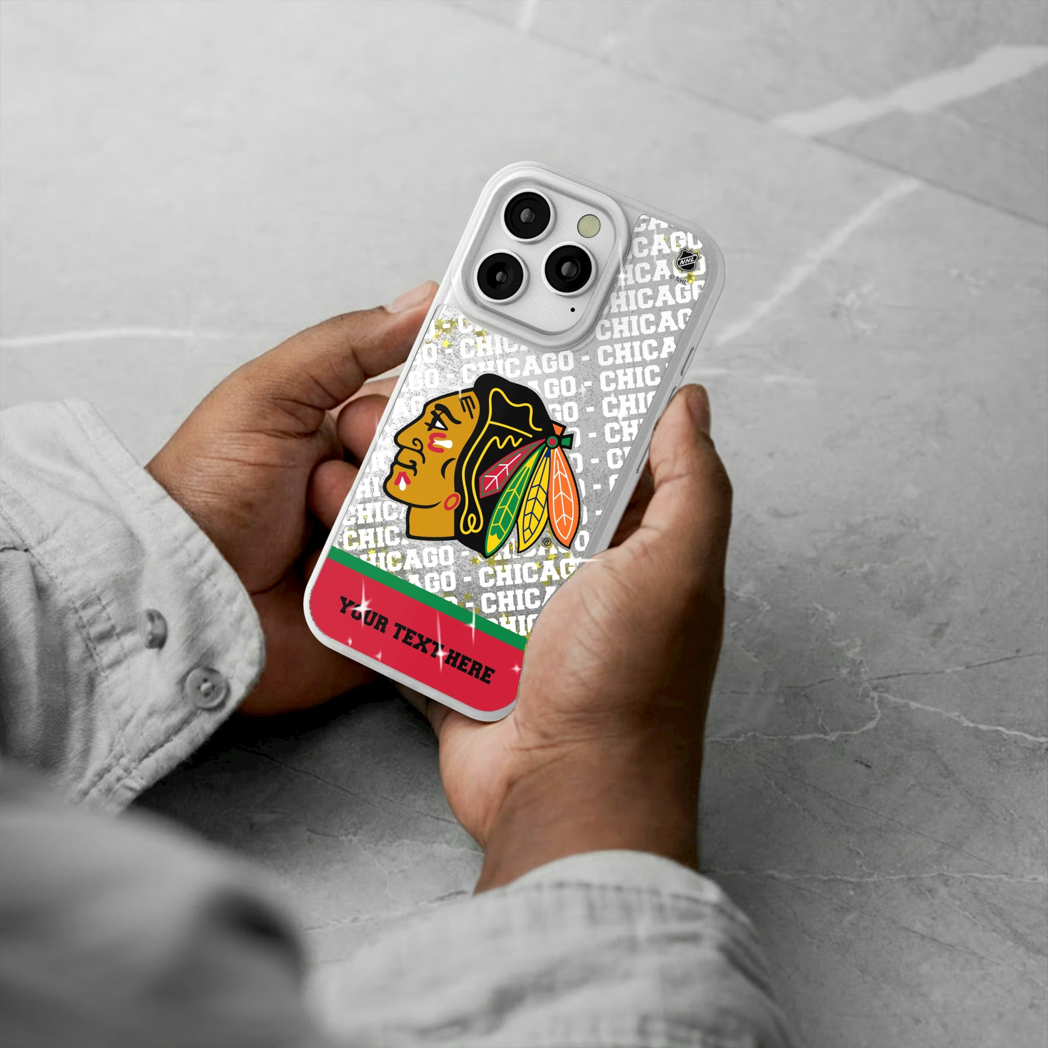 Chicago Blackhawks Personalized EndZone Plus iPhone Glitter Phone Case for Apple iPhone - Lifestyle#Device_iPhone 16 Pro
