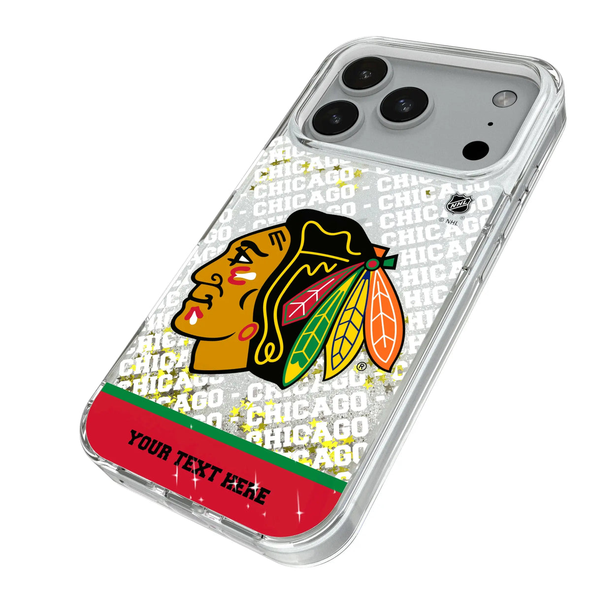 Chicago Blackhawks Personalized EndZone Plus iPhone Glitter Phone Case for Apple iPhone - Isometric View#Device_iPhone 18 Pro