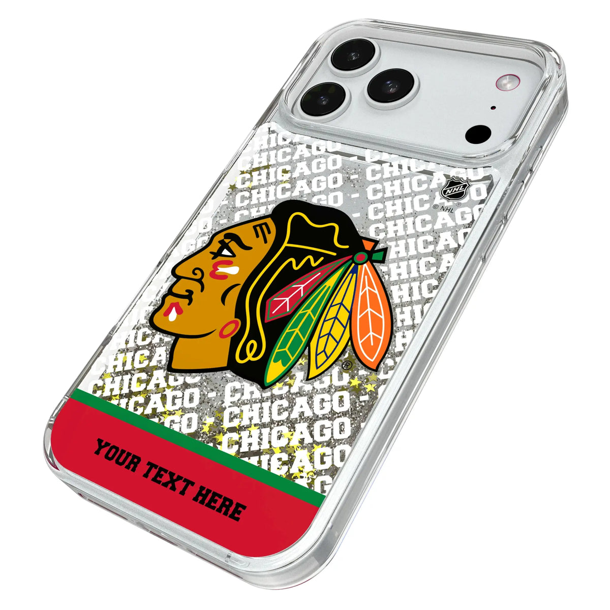 Chicago Blackhawks Personalized EndZone Plus iPhone Glitter Phone Case for Apple iPhone - Isometric View#Device_iPhone 18 Pro Max