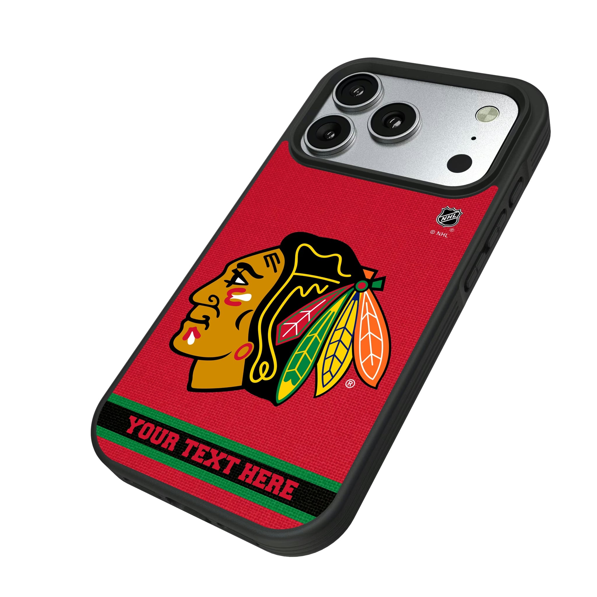Chicago Blackhawks Personalized Stripe iPhone Bump Phone Case for Apple iPhone - Isometric View#Device_iPhone 17 Pro