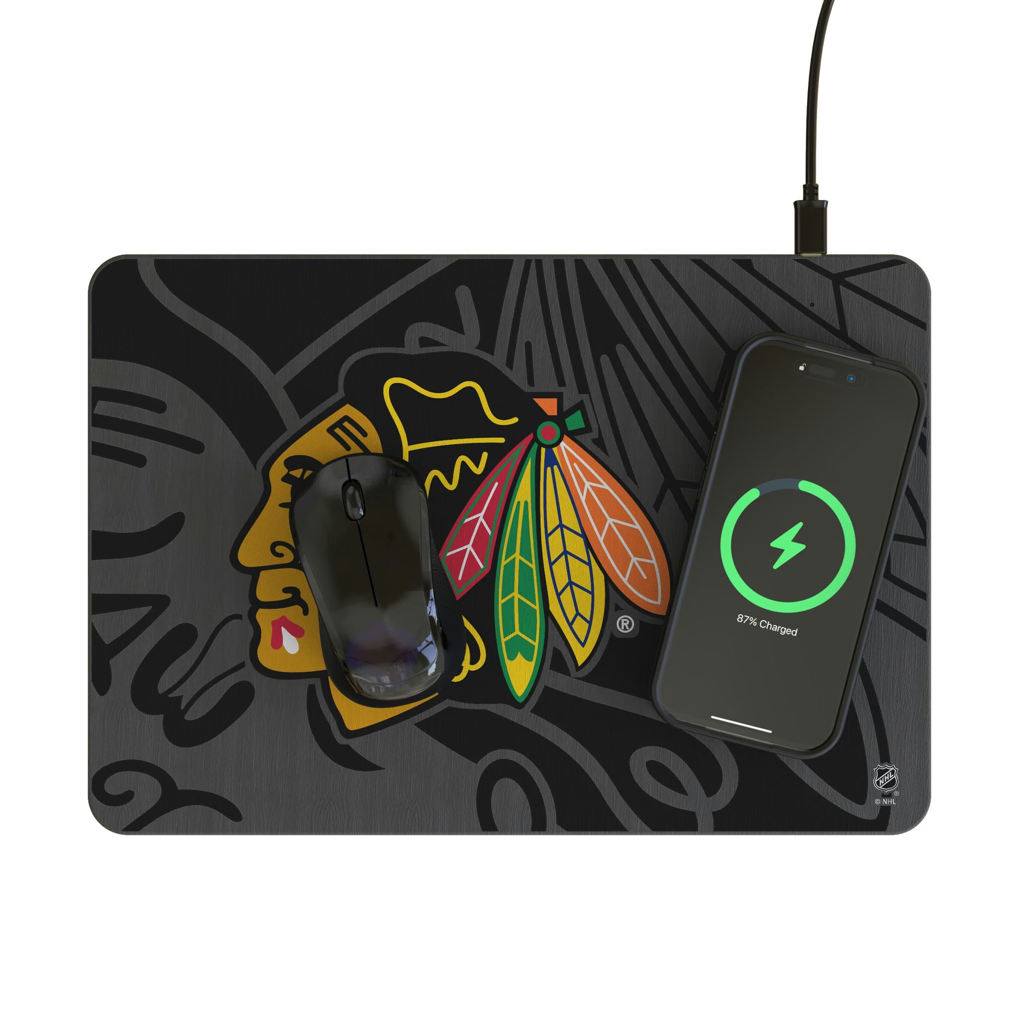 Chicago Blackhawks Personalized Tilt 15-Watt Wireless Charger and Mouse Pad - Lifestyle